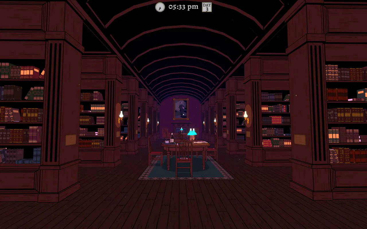 Bild einer Bibliothek, dunkelbraune Regale, in der Mitte Tische mit kleinen grünen Lampen und Stühlen