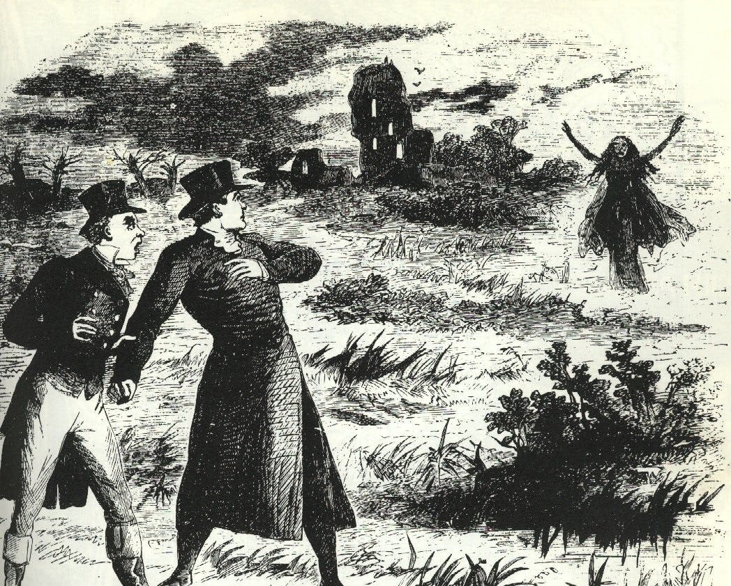 Eine Illustration, im Vordergrund zwei erschreckte Männer, im Hintergrund ein dunkles Haus und eine Frauenfigur, die die Arme nach oben streckt und aus dem Moor kommt