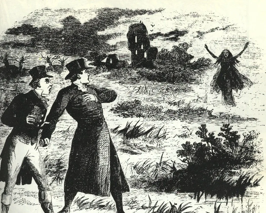 Eine Illustration, im Vordergrund zwei erschreckte Männer, im Hintergrund ein dunkles Haus und eine Frauenfigur, die die Arme nach oben streckt und aus dem Moor kommt