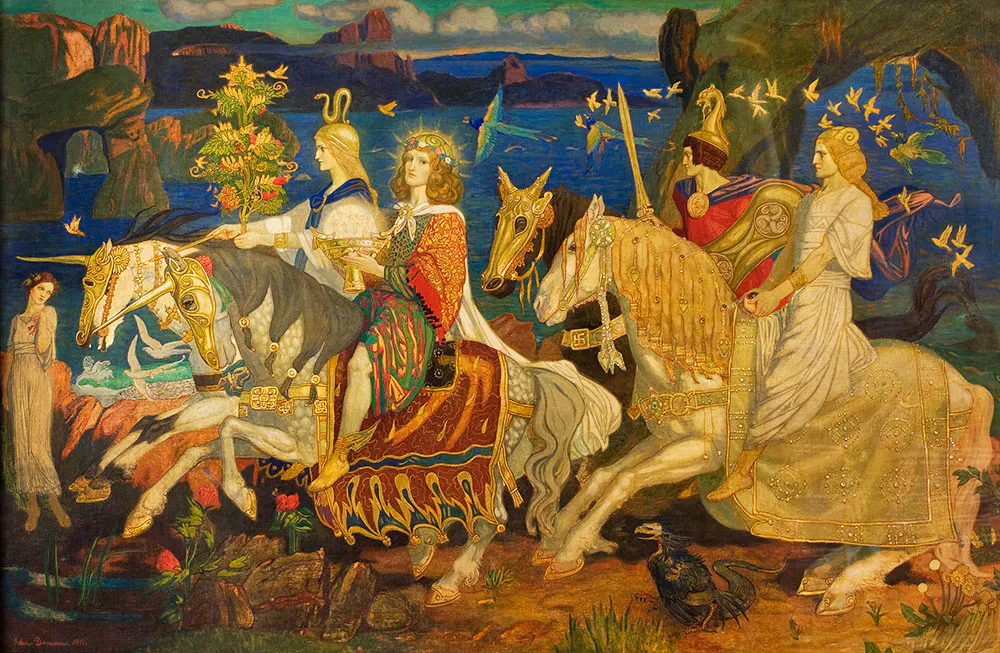 Vier prächtige, goldene Reiter auf Einhörnern, die von Vögeln und anderen Tieren umgeben sind