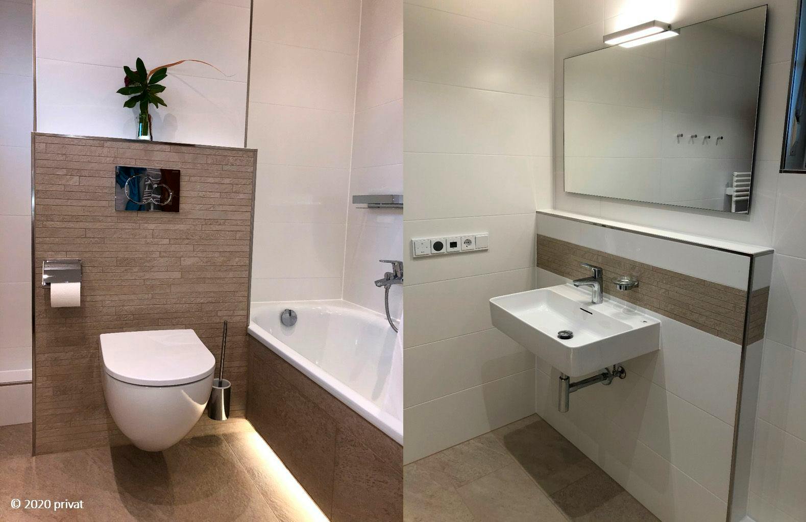 Foto-Montage aus 2 Bildern, die verschiedene Ansichten eines neu gefliesten Badezimmers zeigen. Besonderheit: Eingebaute Beleuchtung unterhalb des Badewanneneinstiegs.