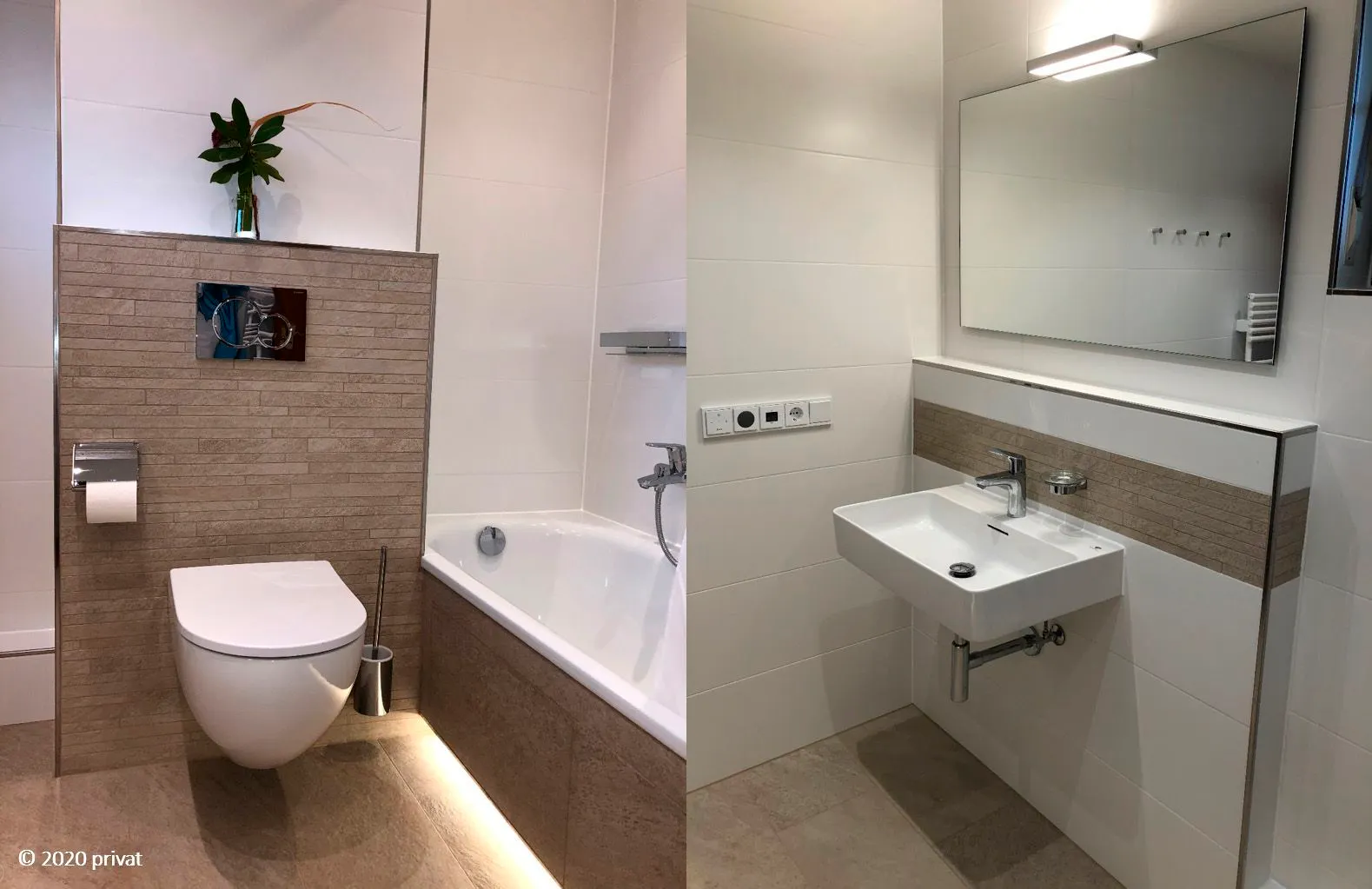 Foto-Montage aus 2 Bildern, die verschiedene Ansichten eines neu gefliesten Badezimmers zeigen. Besonderheit: Eingebaute Beleuchtung unterhalb des Badewanneneinstiegs.