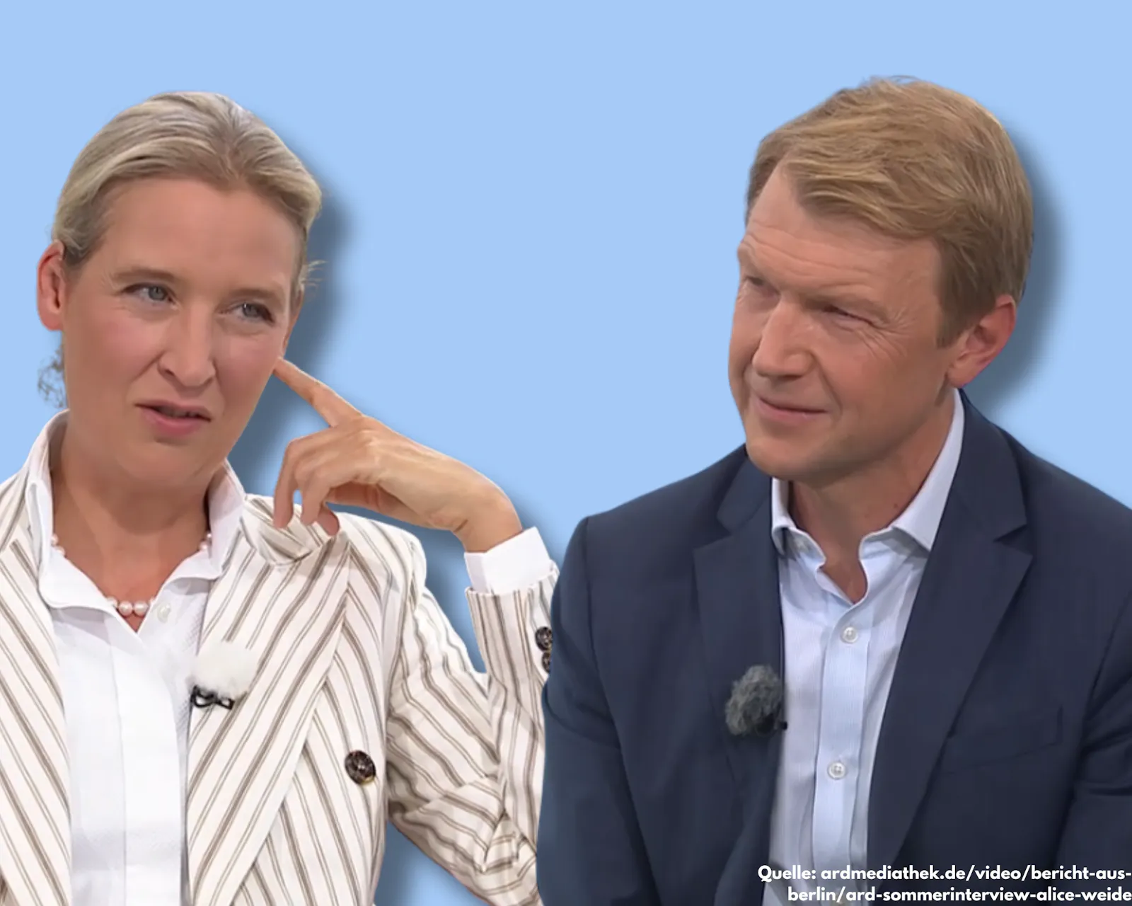 Alice Weidel und Markus Preiß schauen sich irritiert an. Während des Sommerinterviews in der ARD übertönt eine Demonstration des Zentrums für Politische Schönheit das Gespräch.