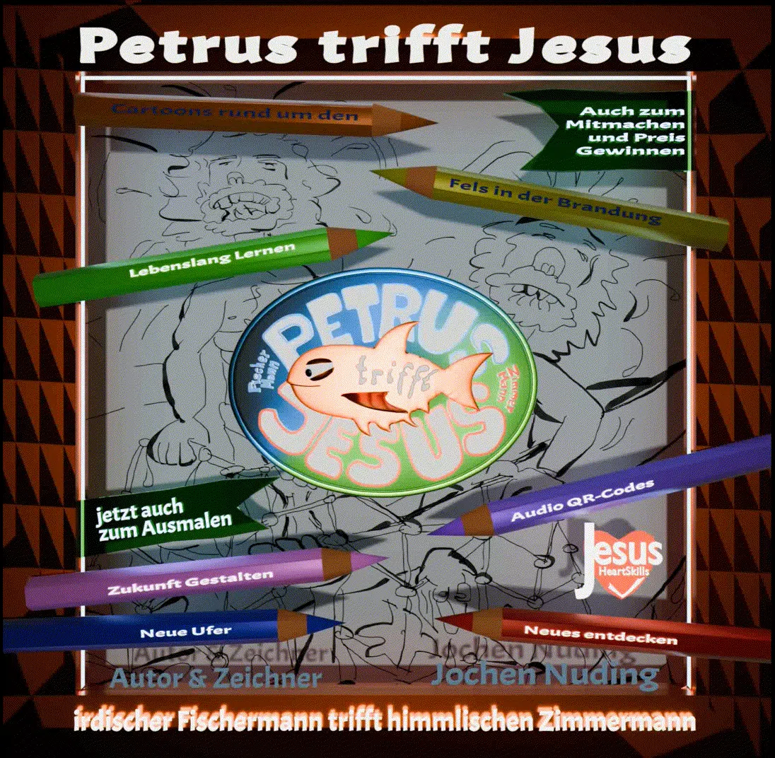 Kreative Bücher Petrus trifft Jesus auch zum Ausmalen 3D Layout Entwürfe Cover A Seite zur ANimation verschmolzen