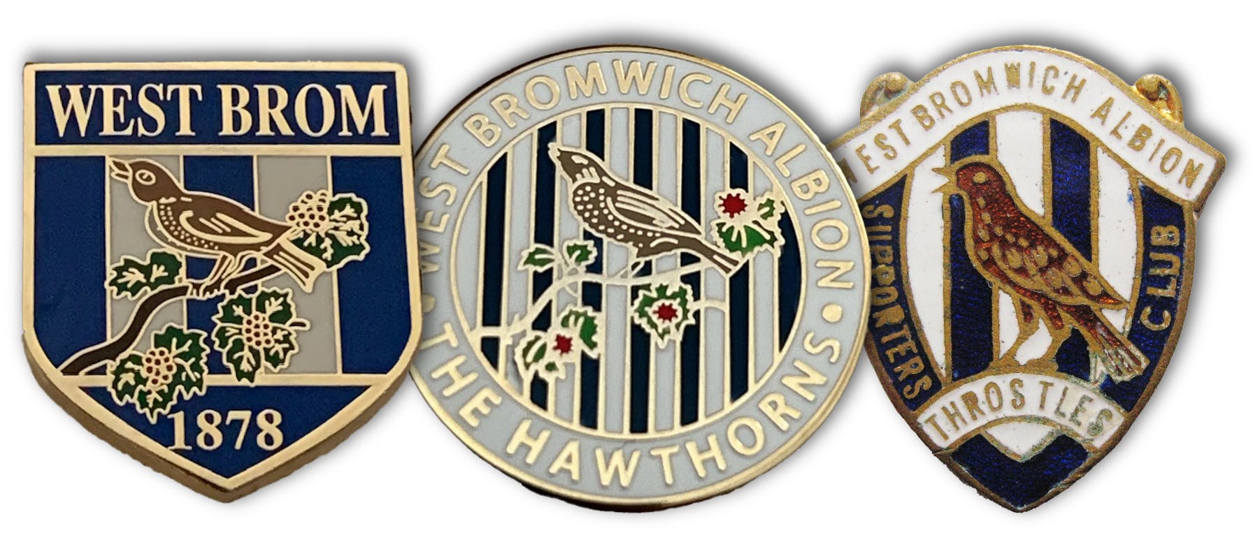 West Bromwich Albion football club badges marked "1878" (date of foundation), "The Hawthorns" (name of the home ground) and "Throstles" (nickname of the supporters)