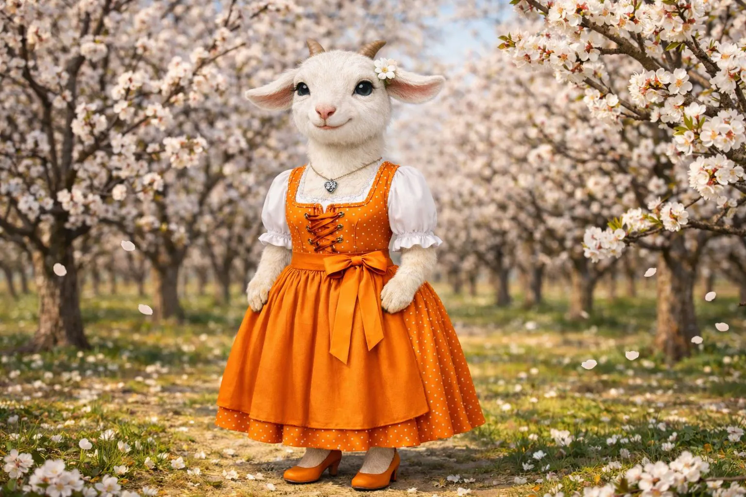 KI-generiertes Bild einer Ziege in orangem Dirndl in einem blühenden Marillengarten.