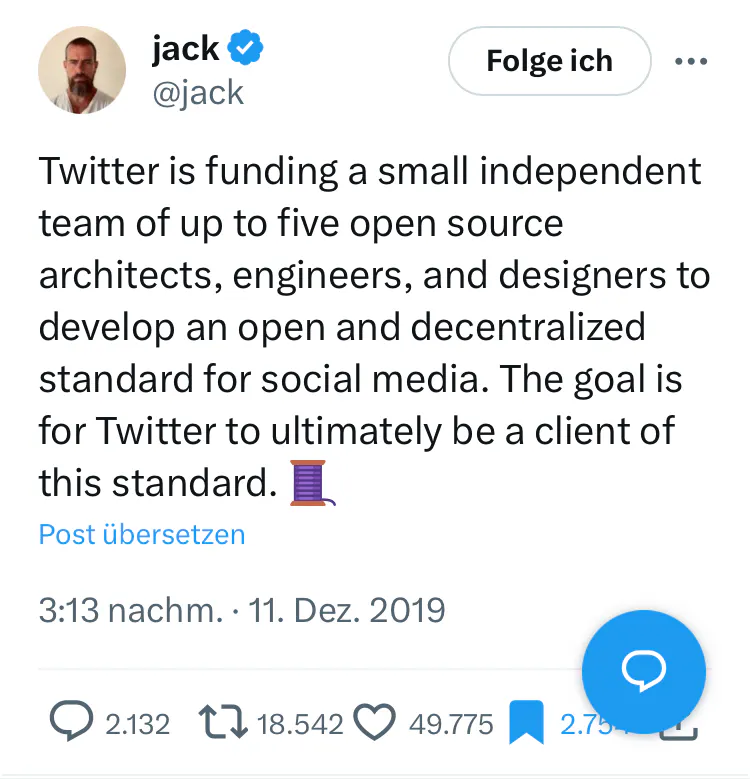 Tweet von Jack Dorsey am 11. Dezember 2019. Er kündigt, an Twitter werde ein unabhängiges Team von Softwareexperten beauftragen, einen offenen und dezentralisierten Standard für Twitter zu entwickeln.