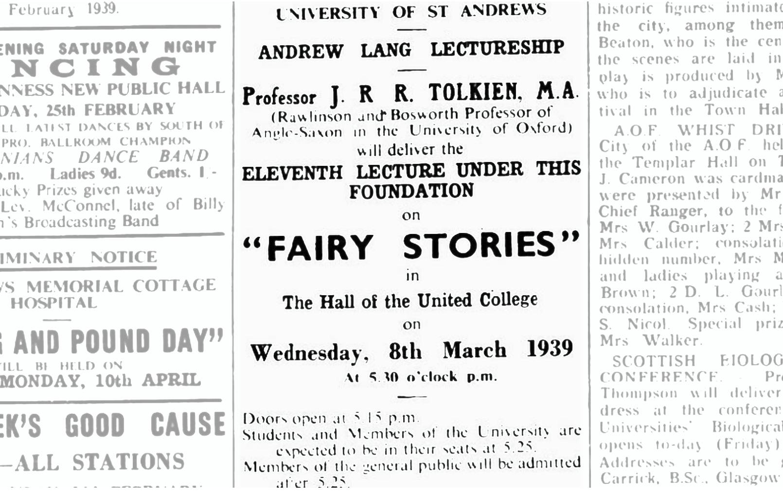 Advert, St Andrews Citizen 25 February 1939, for Tolkien's fairy-stories lecture