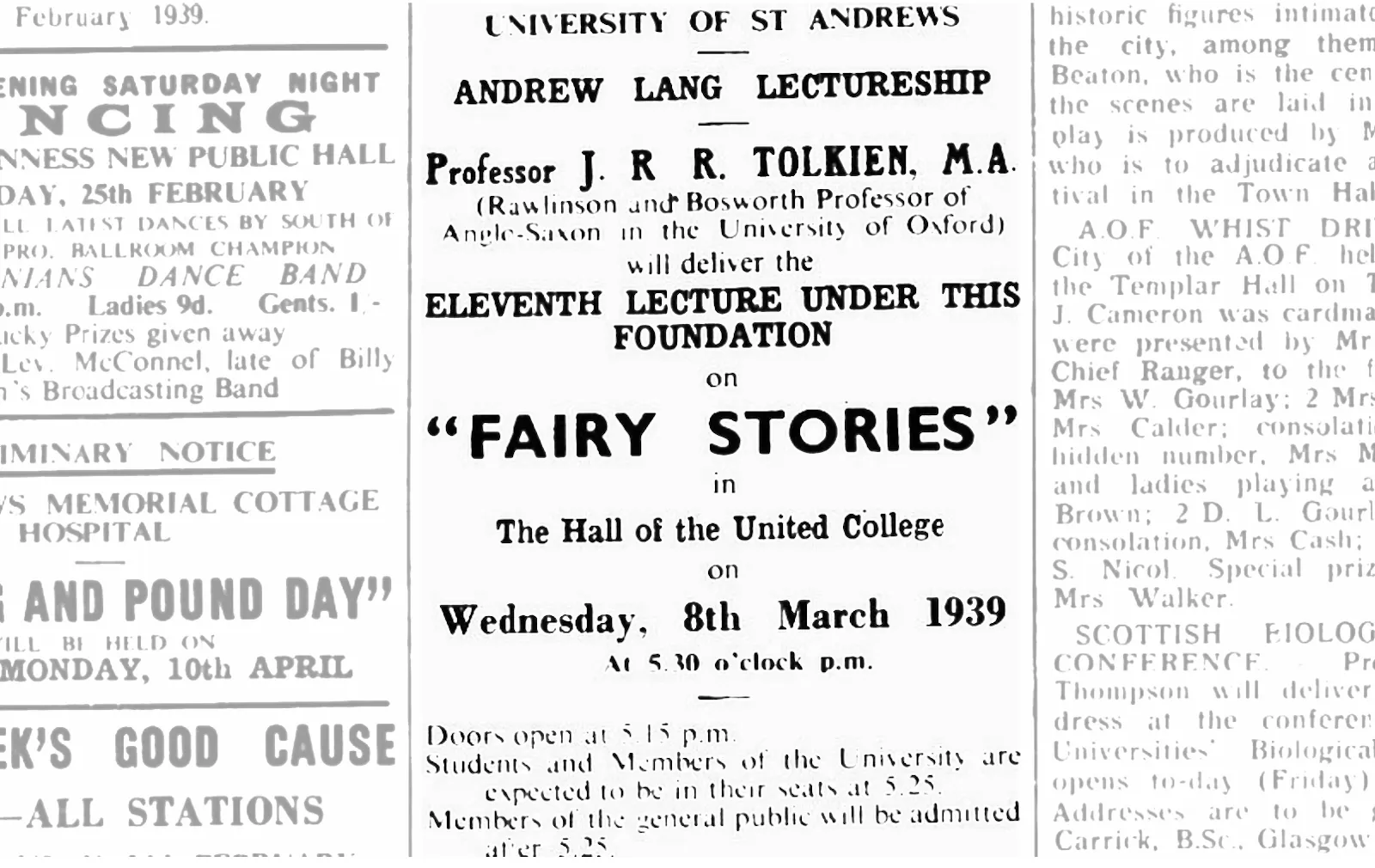 Advert, St Andrews Citizen 25 February 1939, for Tolkien's fairy-stories lecture