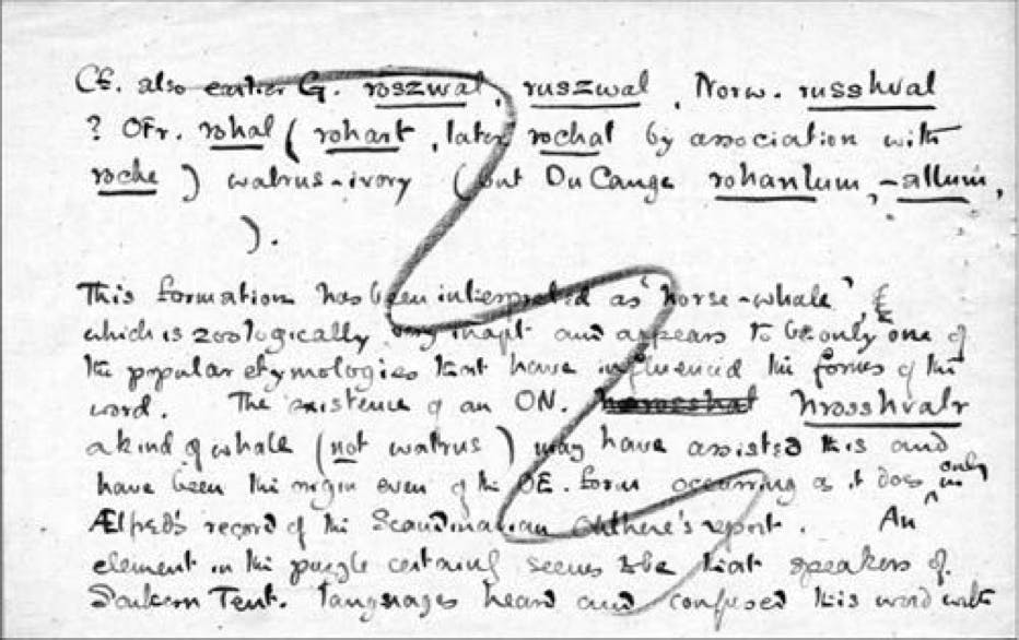 Tolkien draft OED etymology for "walrus"