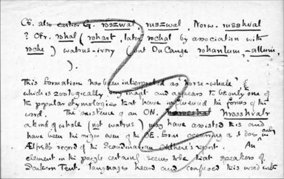 Tolkien draft OED etymology for "walrus"