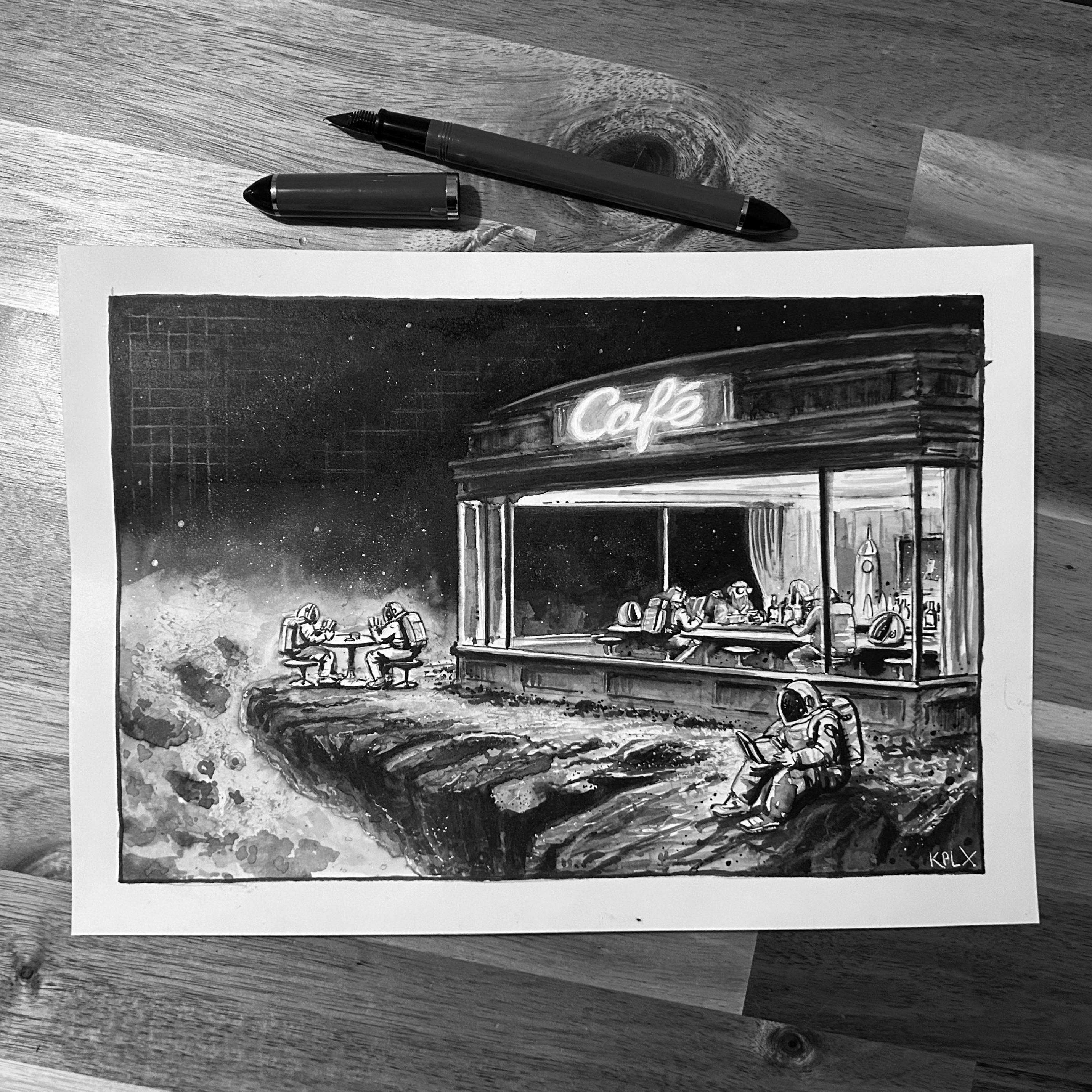 (DE)
Schwarz-weiße A4-Tuschezeichnung: Ein beleuchtetes Café steht mitten im Weltraum und erinnert in seiner Gestaltung an Edward Hoppers Gemälde „Nighthawks“. Durch große Fenster sind Astronauten zu sehen, die im Inneren an Tischen sitzen. Außerhalb des Cafés befinden sich weitere Astronauten im freien Raum; zwei spielen Karten, ein anderer liest ein Buch.
(EN)
Black-and-white A4 ink drawing: A brightly lit café in outer space is designed in a way that recalls Edward Hopper’s painting Nighthawks. Through large windows, astronauts can be seen sitting at tables inside. Outside the café, in open space, other astronauts are present; two are playing cards and another is reading a book.
