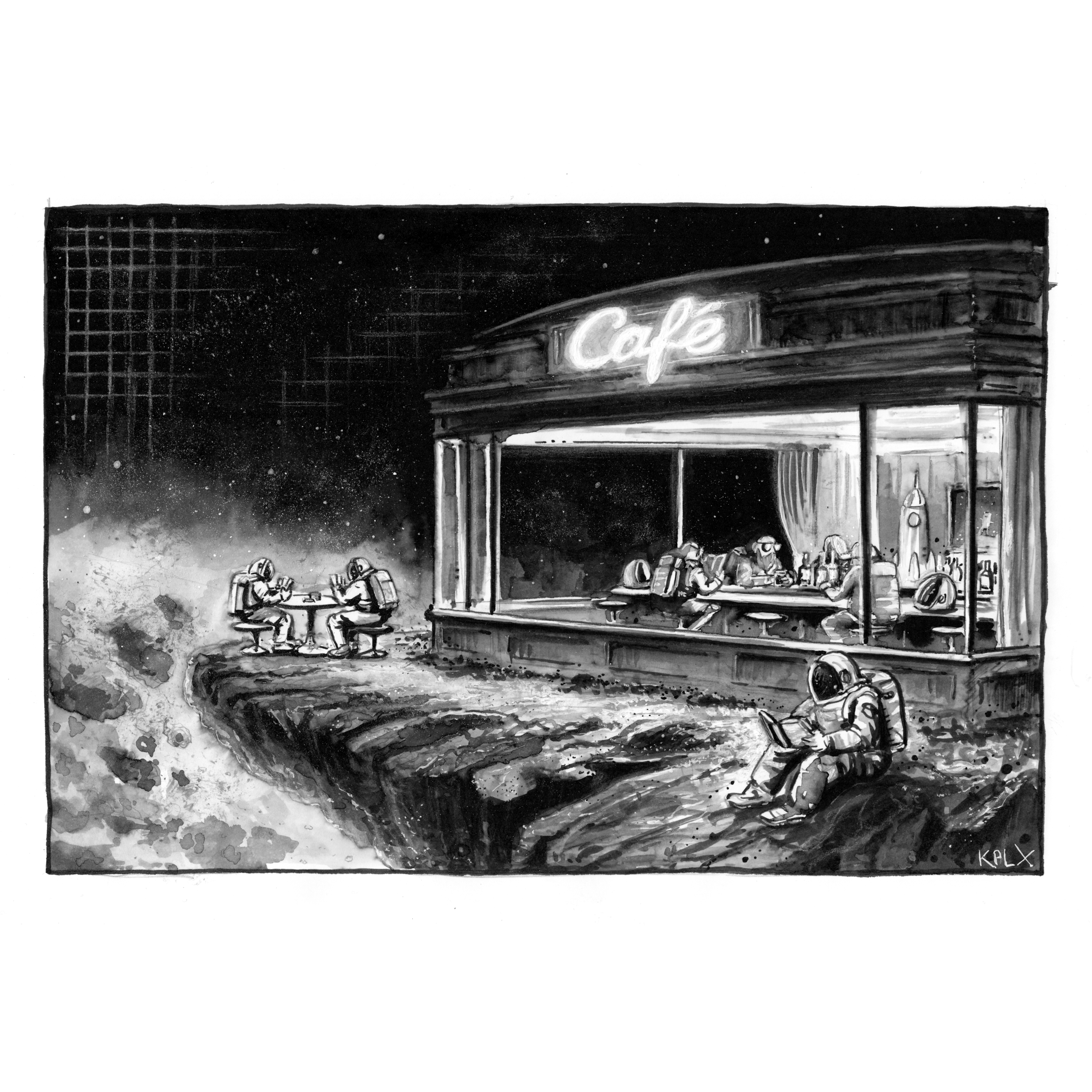 (DE)
Schwarz-weiße A4-Tuschezeichnung: Ein beleuchtetes Café steht mitten im Weltraum und erinnert in seiner Gestaltung an Edward Hoppers Gemälde „Nighthawks“. Durch große Fenster sind Astronauten zu sehen, die im Inneren an Tischen sitzen. Außerhalb des Cafés befinden sich weitere Astronauten im freien Raum; zwei spielen Karten, ein anderer liest ein Buch.
(EN)
Black-and-white A4 ink drawing: A brightly lit café in outer space is designed in a way that recalls Edward Hopper’s painting Nighthawks. Through large windows, astronauts can be seen sitting at tables inside. Outside the café, in open space, other astronauts are present; two are playing cards and another is reading a book.