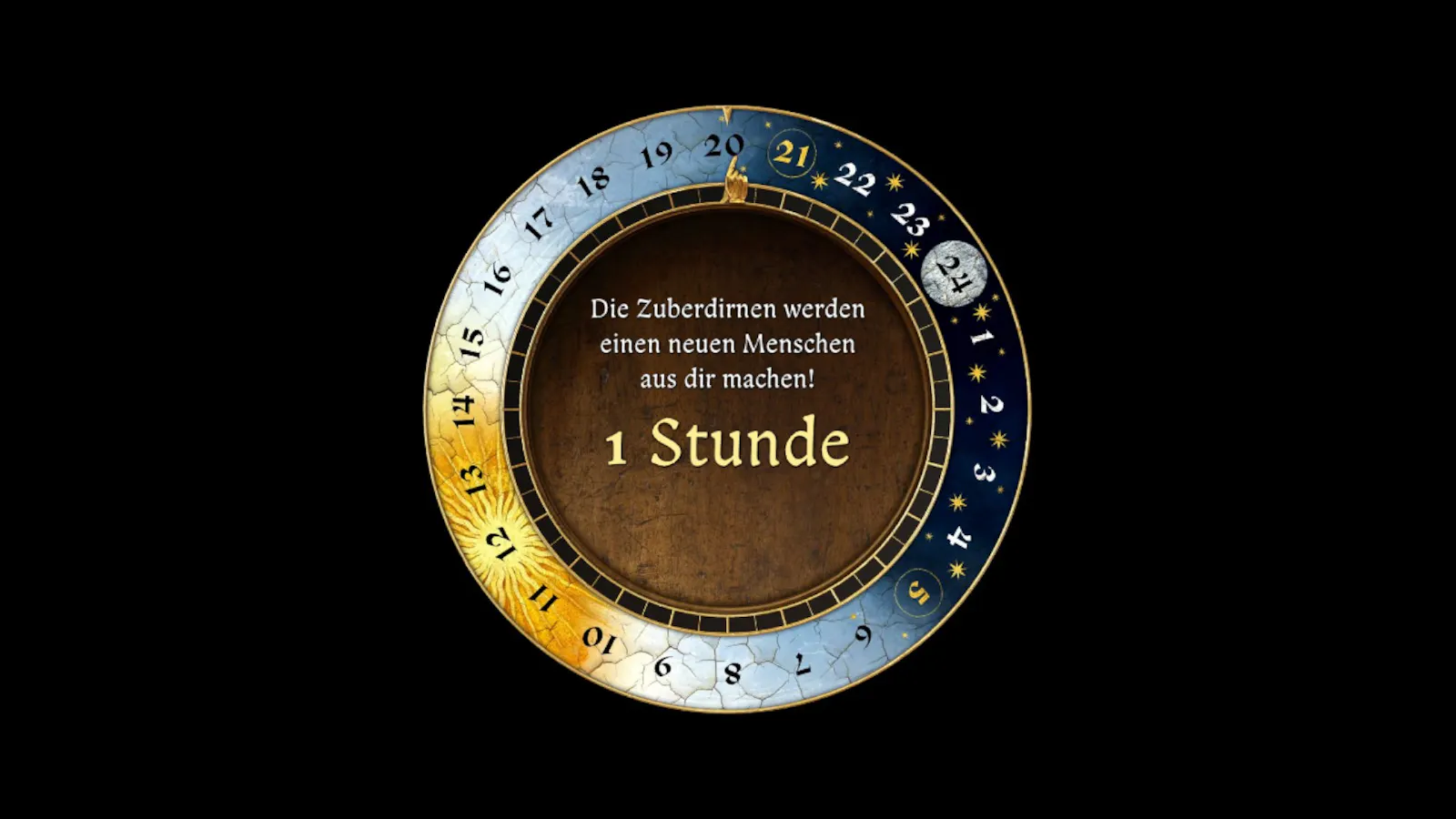 Eine Uhr mit der Aufschrift: "Die Zuberdirnen werden einen neuen Menschen aus dir machen! 1 Stunde"