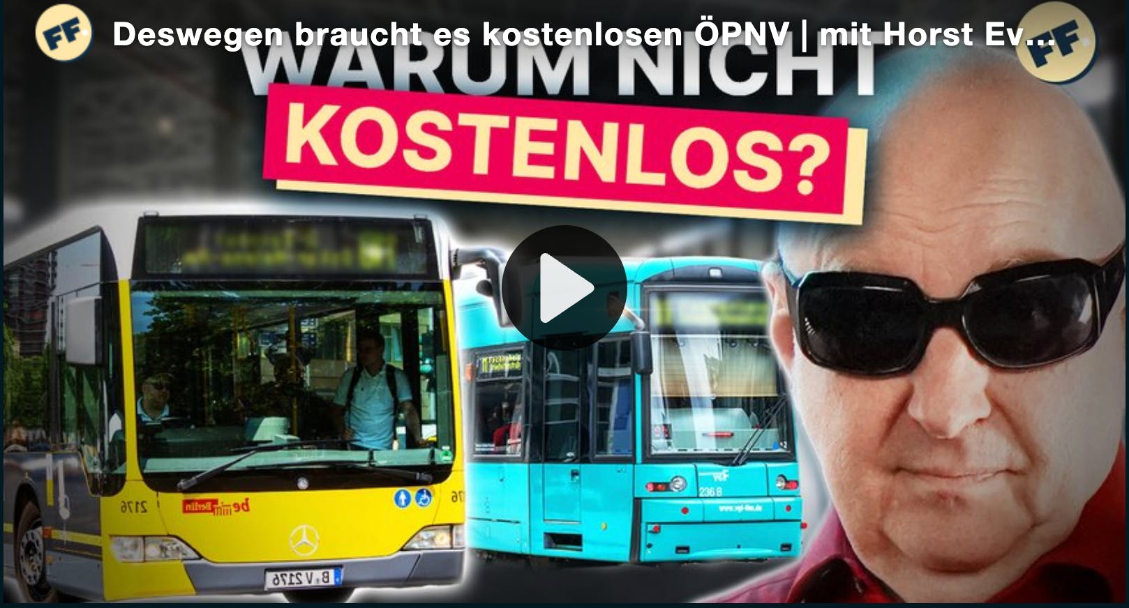 Screenshot einer aktuellen Folge Funfacts mit Horst Evers und dem Text "Warum nicht kostenlos?". Zu sehen: Ein Bus, eine Bahn und Horst mit einer Sonnenbrille.