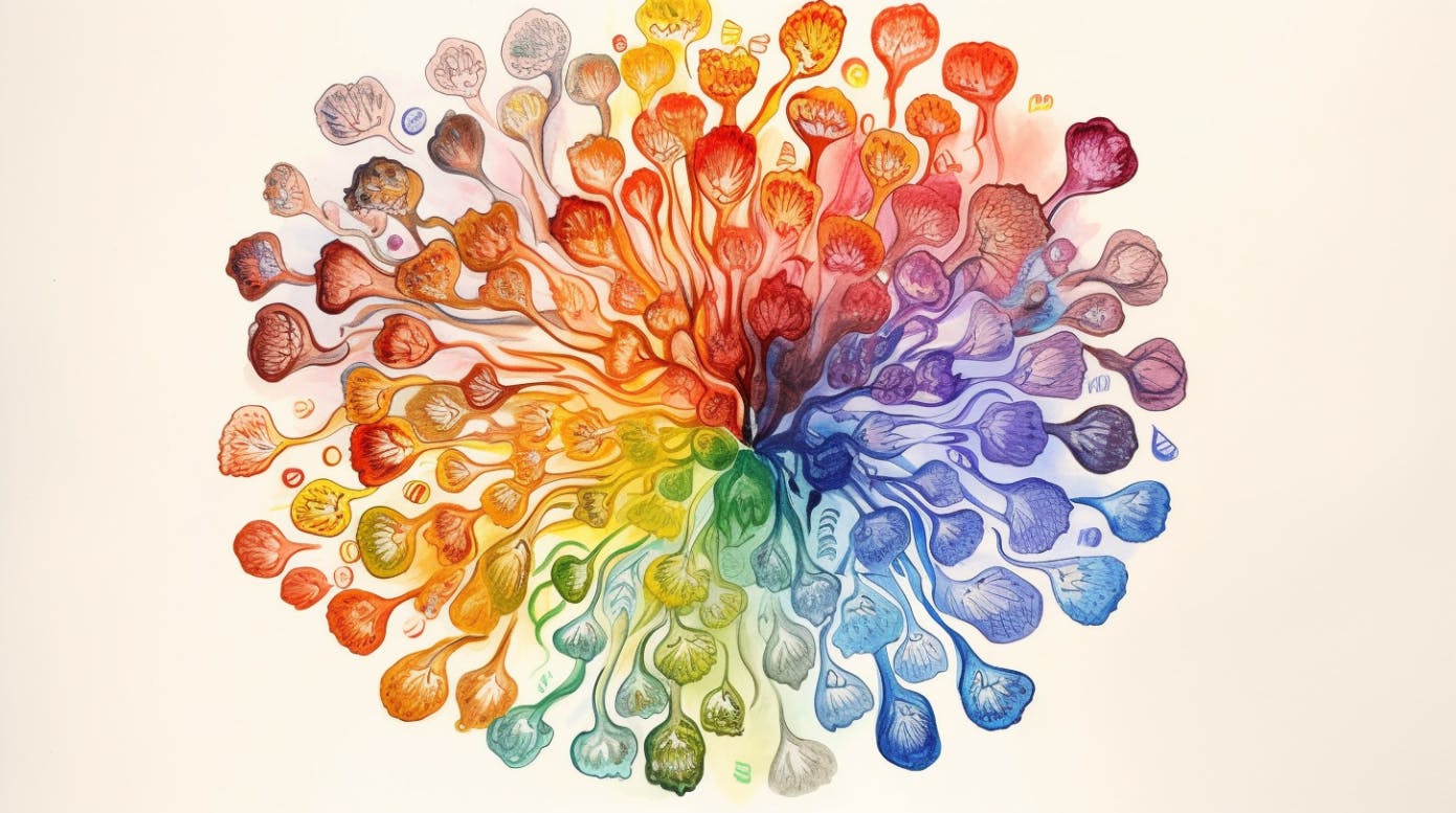 KI-Zeichnung. Abstrakte darstellung einer Blume, sehr bunte Blüten.