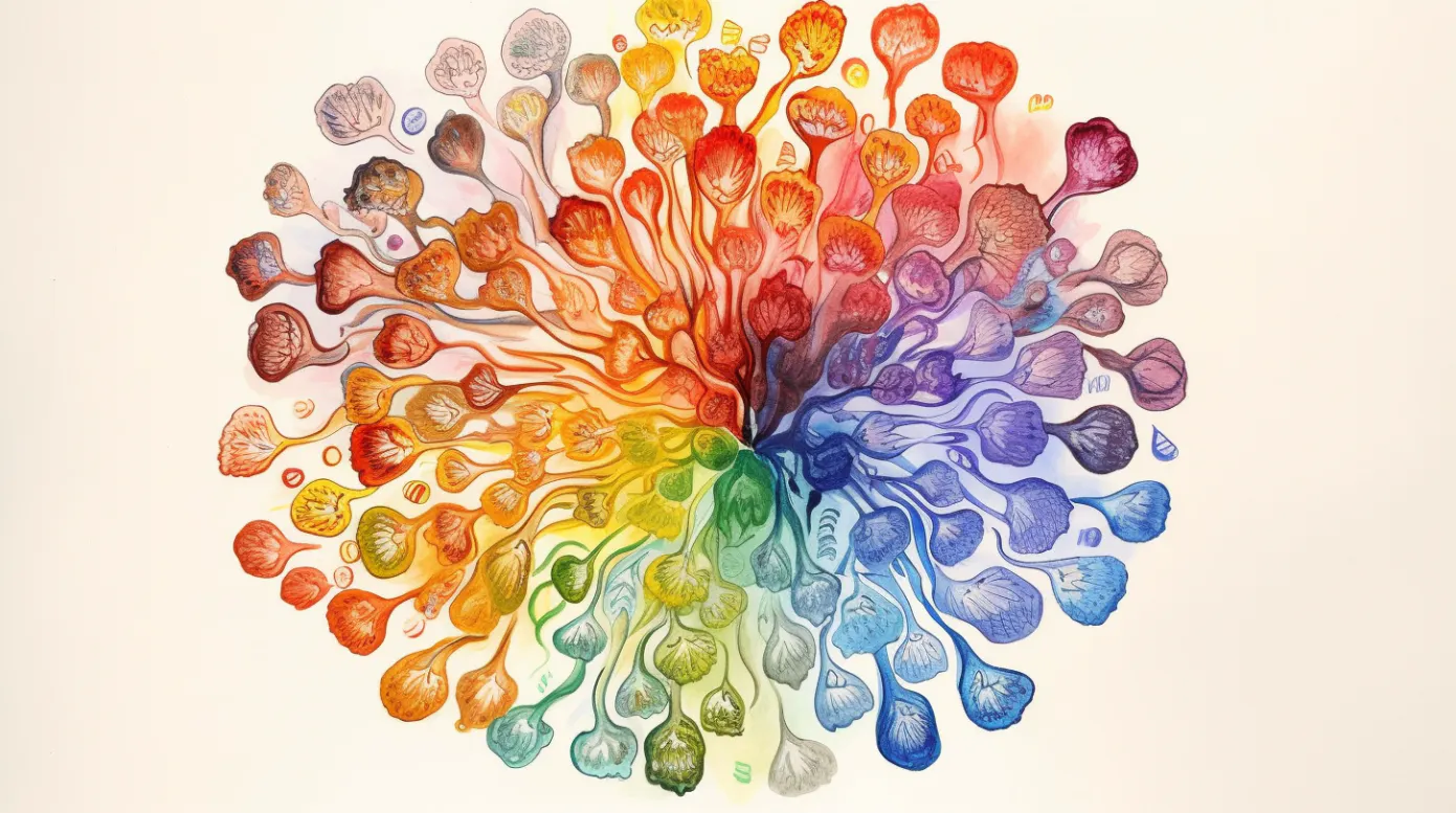 KI-Zeichnung. Abstrakte darstellung einer Blume, sehr bunte Blüten.