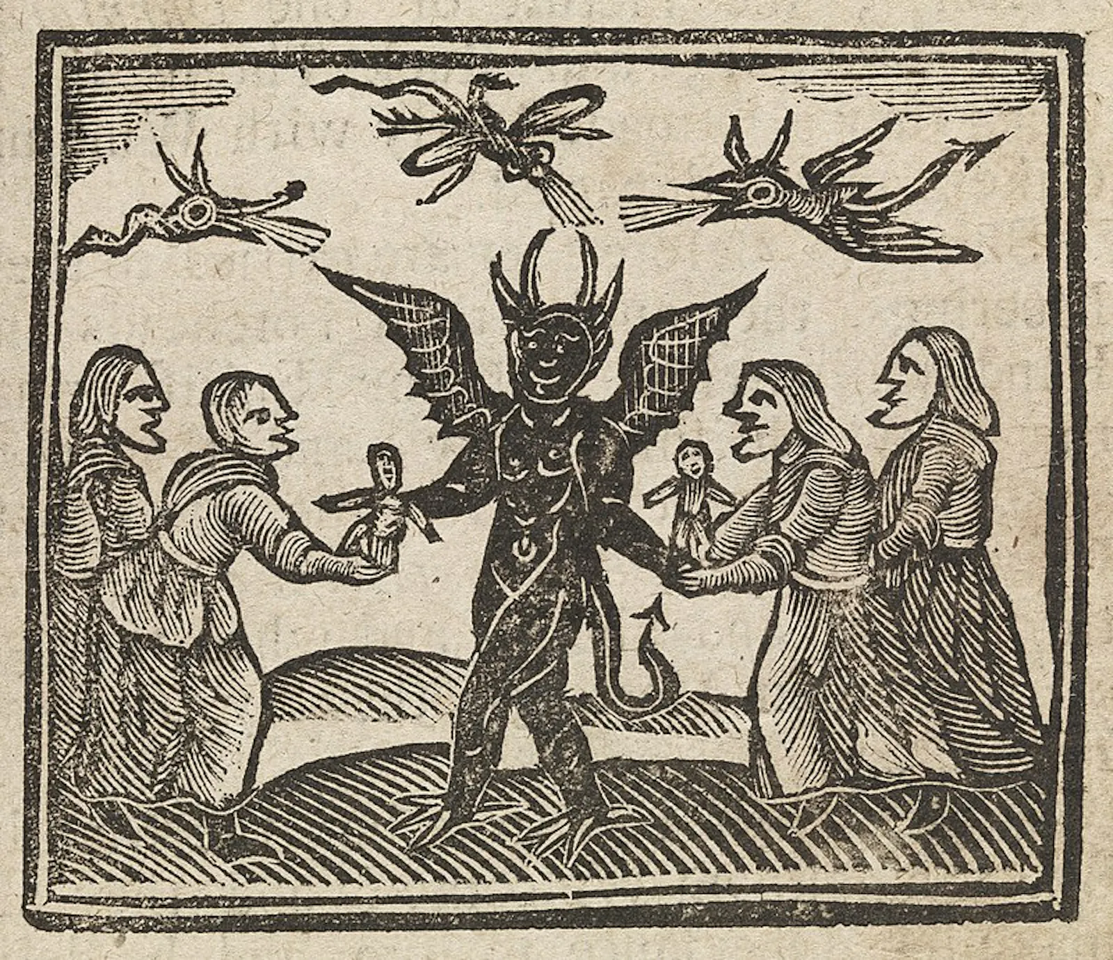 Miniatura che raffigura il diavolo che dona bambole di cera alle streghe, da "La storia delle streghe e dei maghi" del 1720