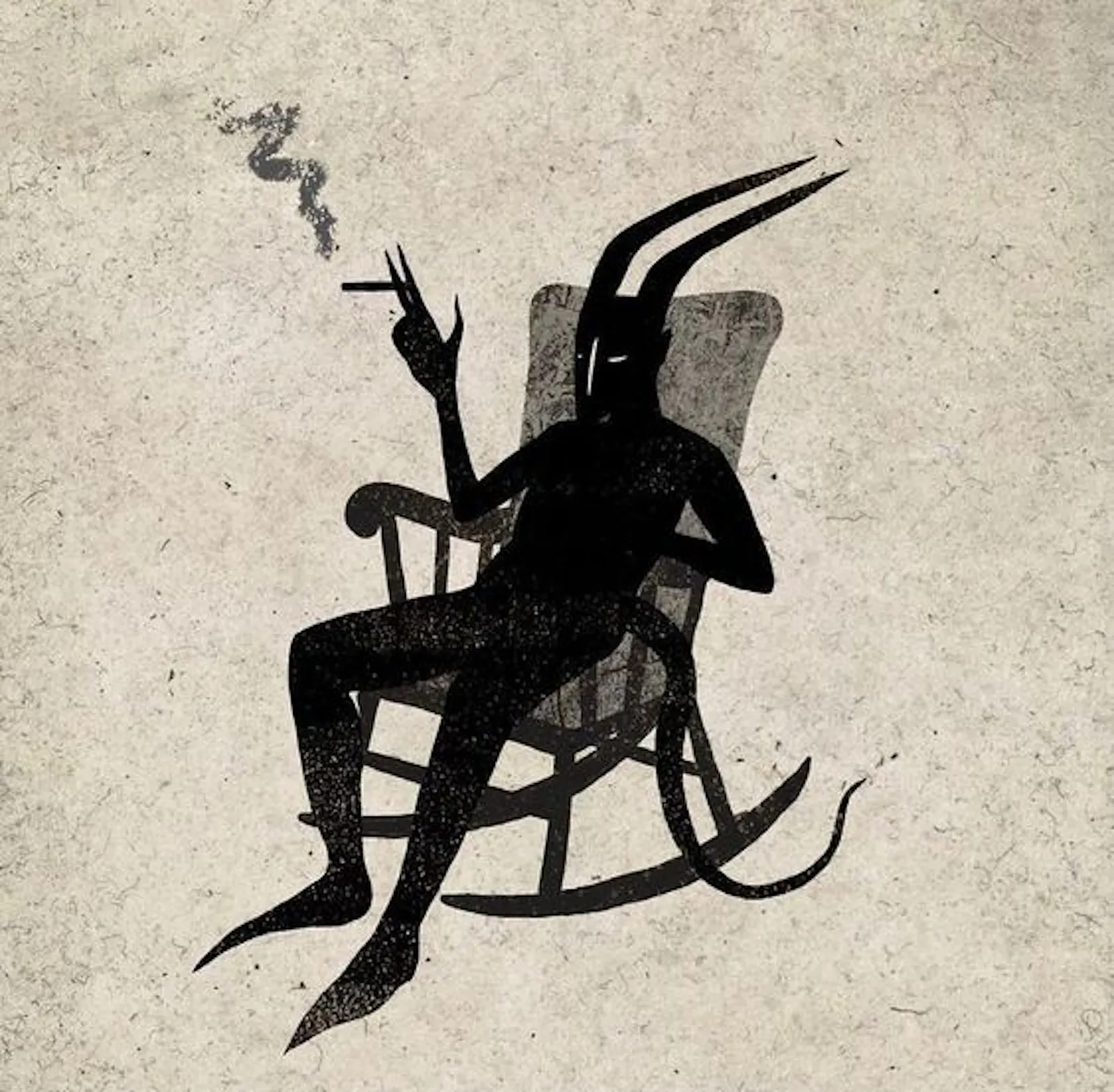 La sagoma di una persona con le corna da Capricorno o da Diavolo, lunga coda e mani appuntite, seduta su una sedia a dondolo. Ha una sigaretta nella mano destra e l'aria stanca ma rilassata.