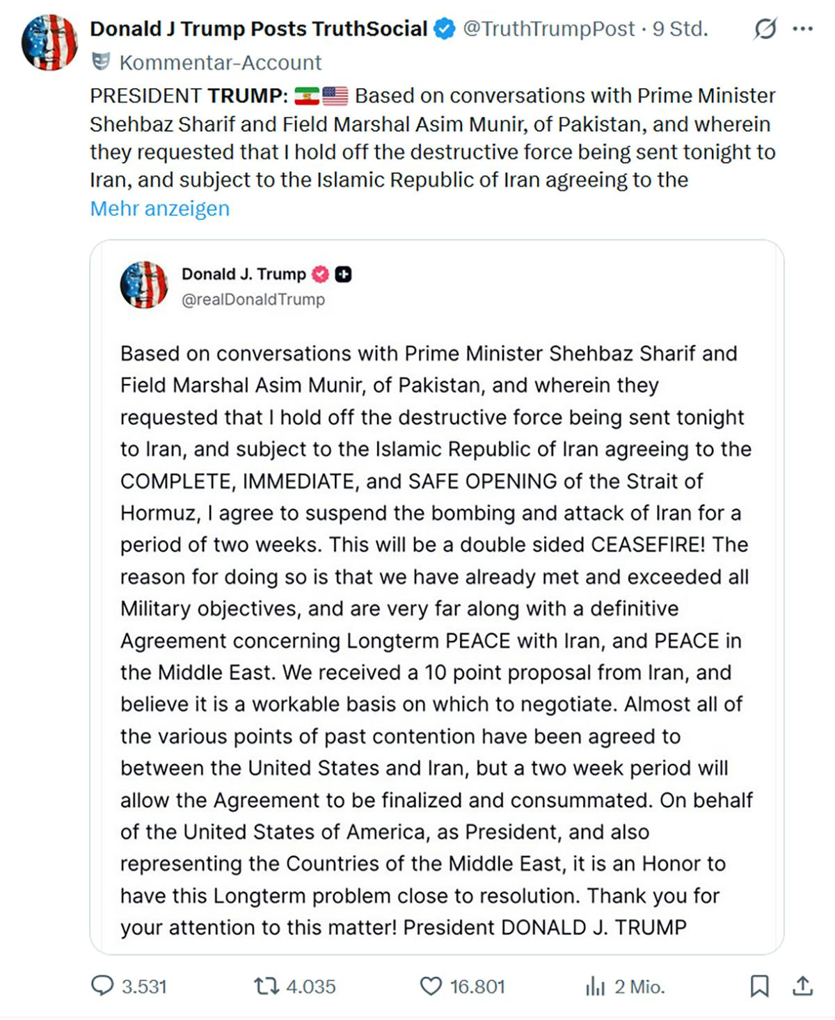 Screenshot des Postings von Trump