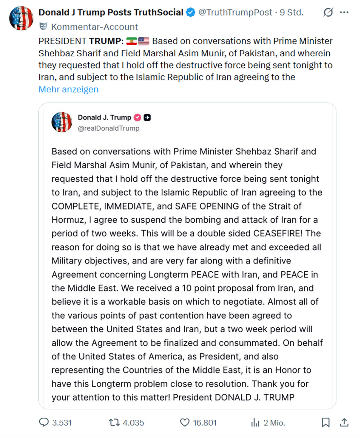 Screenshot des Postings von Trump