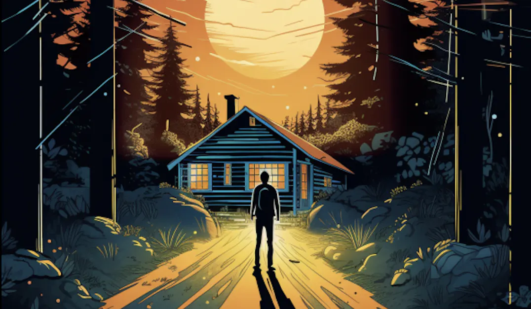 Ein Mann steht im Wald vor einer Holzhütte, über der Hütte leuchtet der Mond golden.