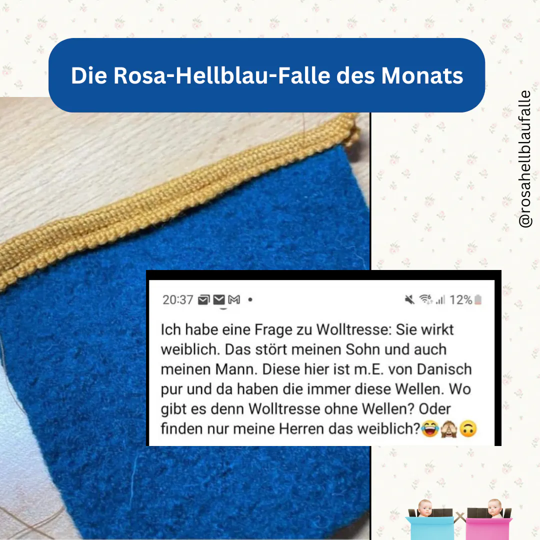 Foto eines blauen Wollärmels mit gelber Wolltresse, darüber Text: "Ich habe eine Frage zur Wolltresse: sie wirkt weiblich. Das stört meinen Sohn und auch meinen Mann.… Wo gibt es denn Wolltressen ohne Wellen?"