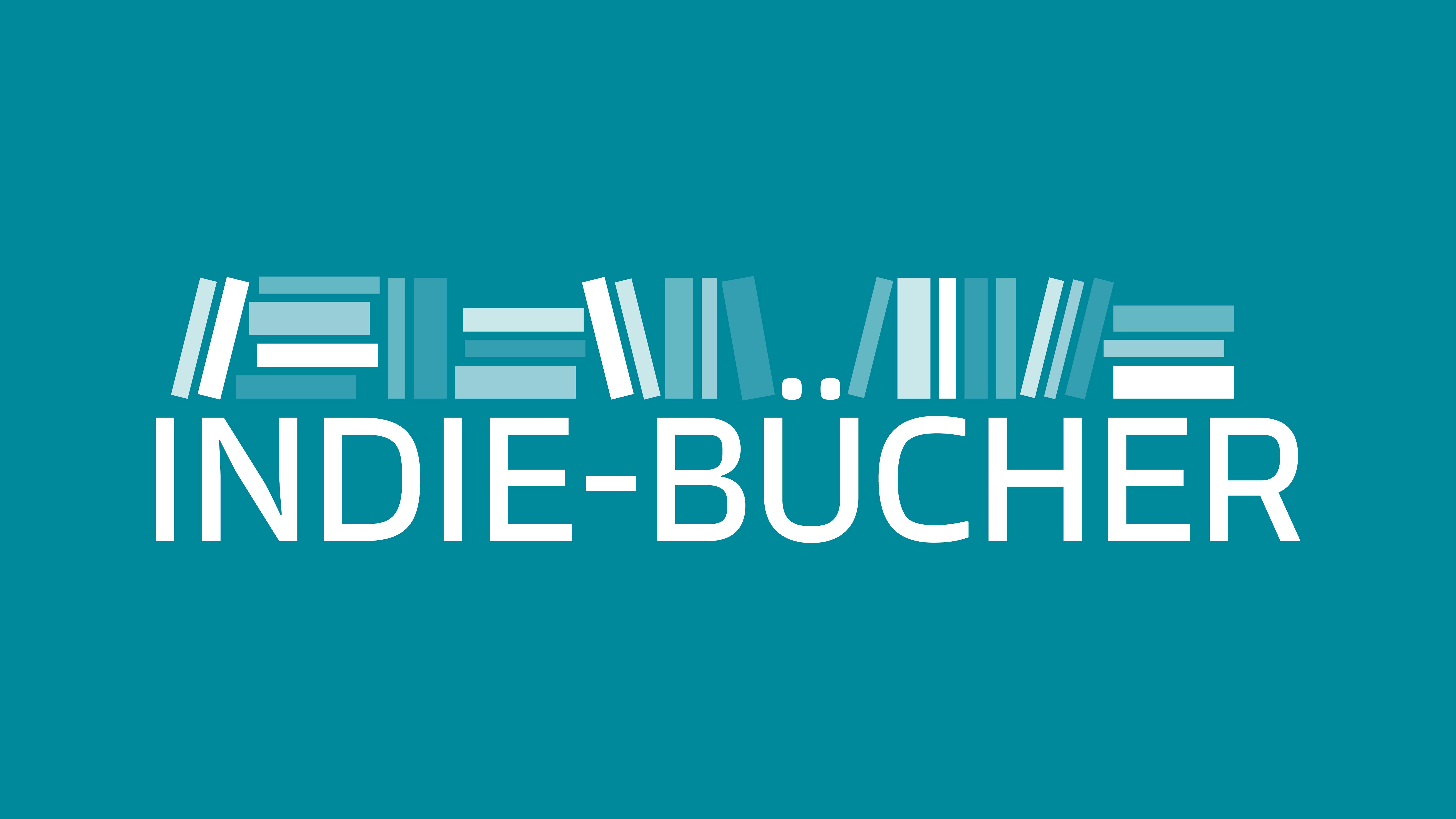 Das Indie-Bücher Logo: Stilistische Buchrücken, die unordentlich auf dem Schriftzug Indie-Bücher gestapelt sind.
