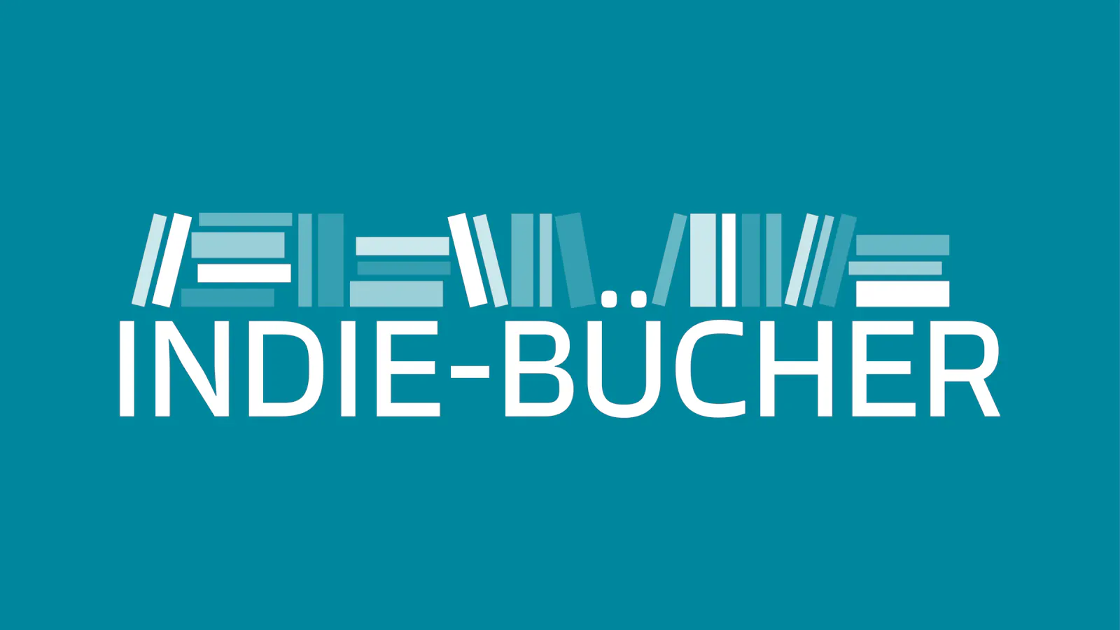 Das Indie-Bücher Logo: Stilistische Buchrücken, die unordentlich auf dem Schriftzug Indie-Bücher gestapelt sind.