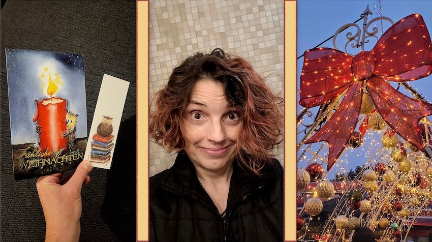 Bild aus drei Einzelbildern, von links nach rechts: Weihnachtskarte und Lesezeichen von @elsbetheule, Christine Piontek mit roter Wuschelfrisur und rote Schleife mit Lichtern und Kugeln als Deko auf dem Weihnachrtsmarkt