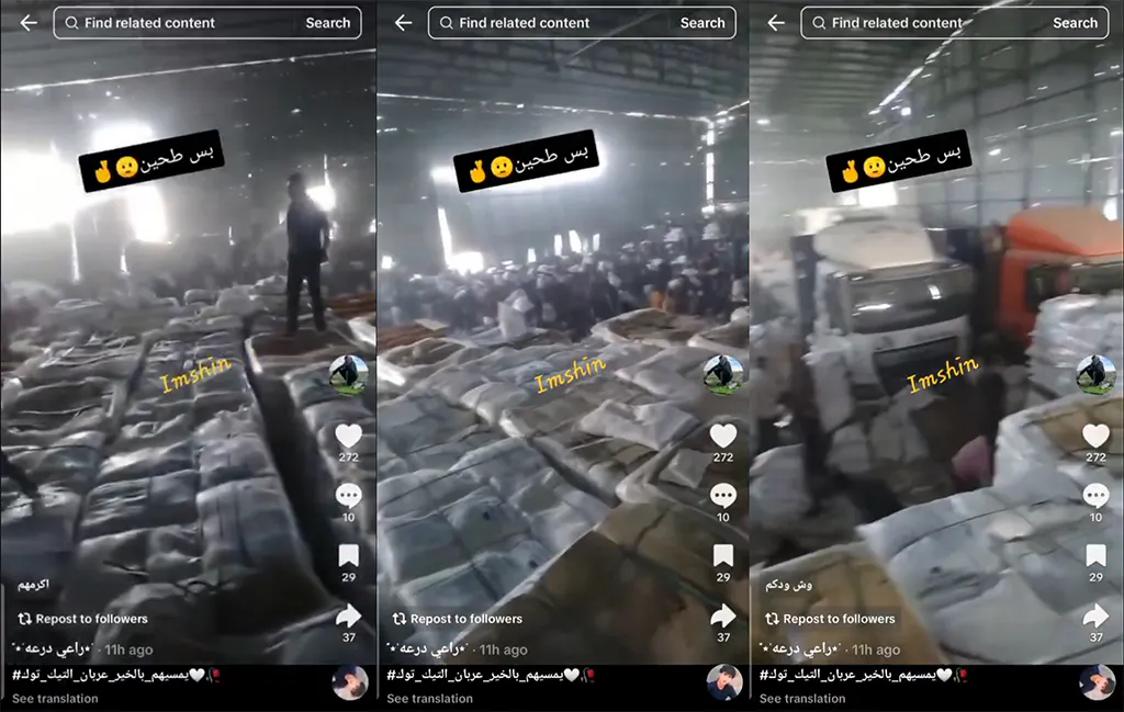 Screenshots eines anderen Videos zeigen riesige Paletten voll Mehlsäcken.