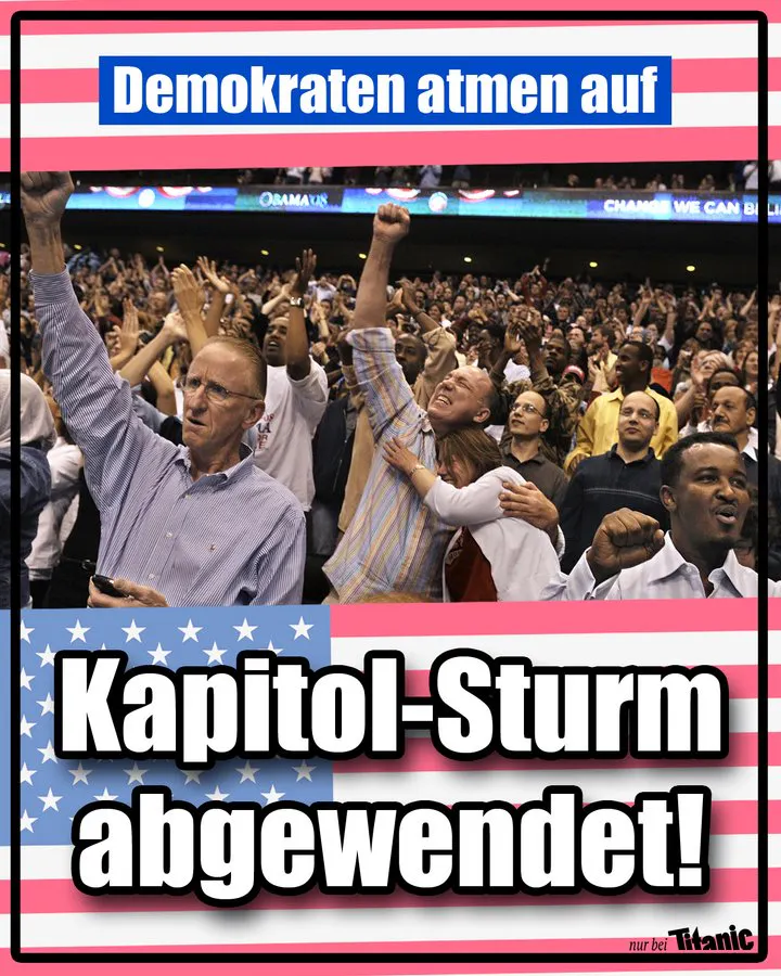 Begeisterte Menschen bei einer Wahlveranstaltung in den USA recken die Arme in die Höhe.
Text: "Demokraten atmen auf:
Kapitol-Sturm abgewendet"