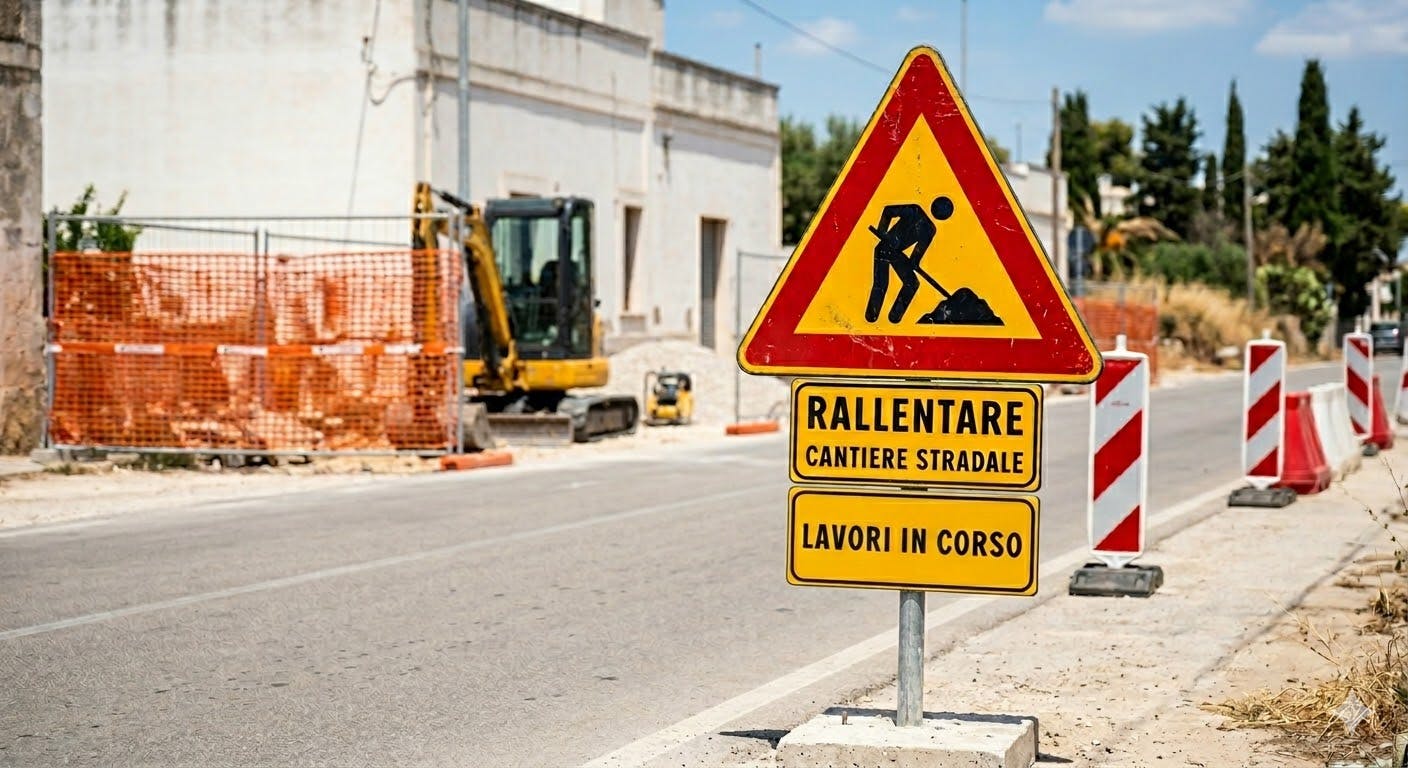 Ein mit Künstlicher Intelligenz erstelltes Bild einer italienischen Straßenbaustelle: im Vordergrund ein gelbes, rot umrandetes dreieckiges Schild  mit einem stilisierten Arbeiter, der Material wegschaufelt, darunter die Hinweise "Rallentare - Cantiere Stradale" und "Lavori in Corso."