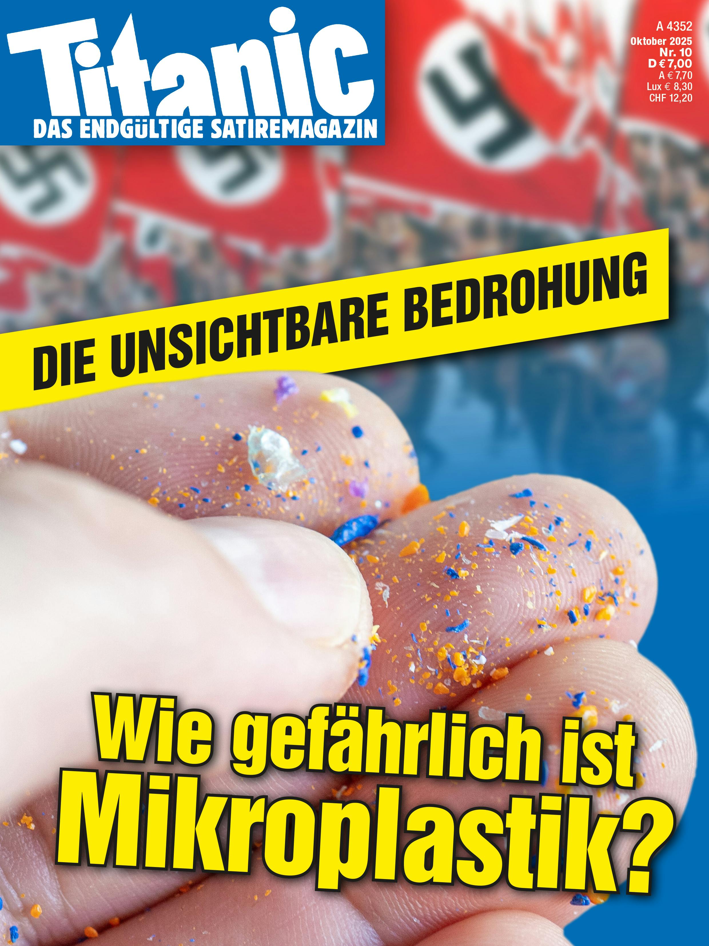 Nahaufnahme einer Hand voller kleiner Plastikpartikel, im Hintergrund eine Reihe Hakenkreuzflaggen, dazu der Text: "Die unsichtbare Bedrohung: Wie gefährlich ist Mikroplastik?"