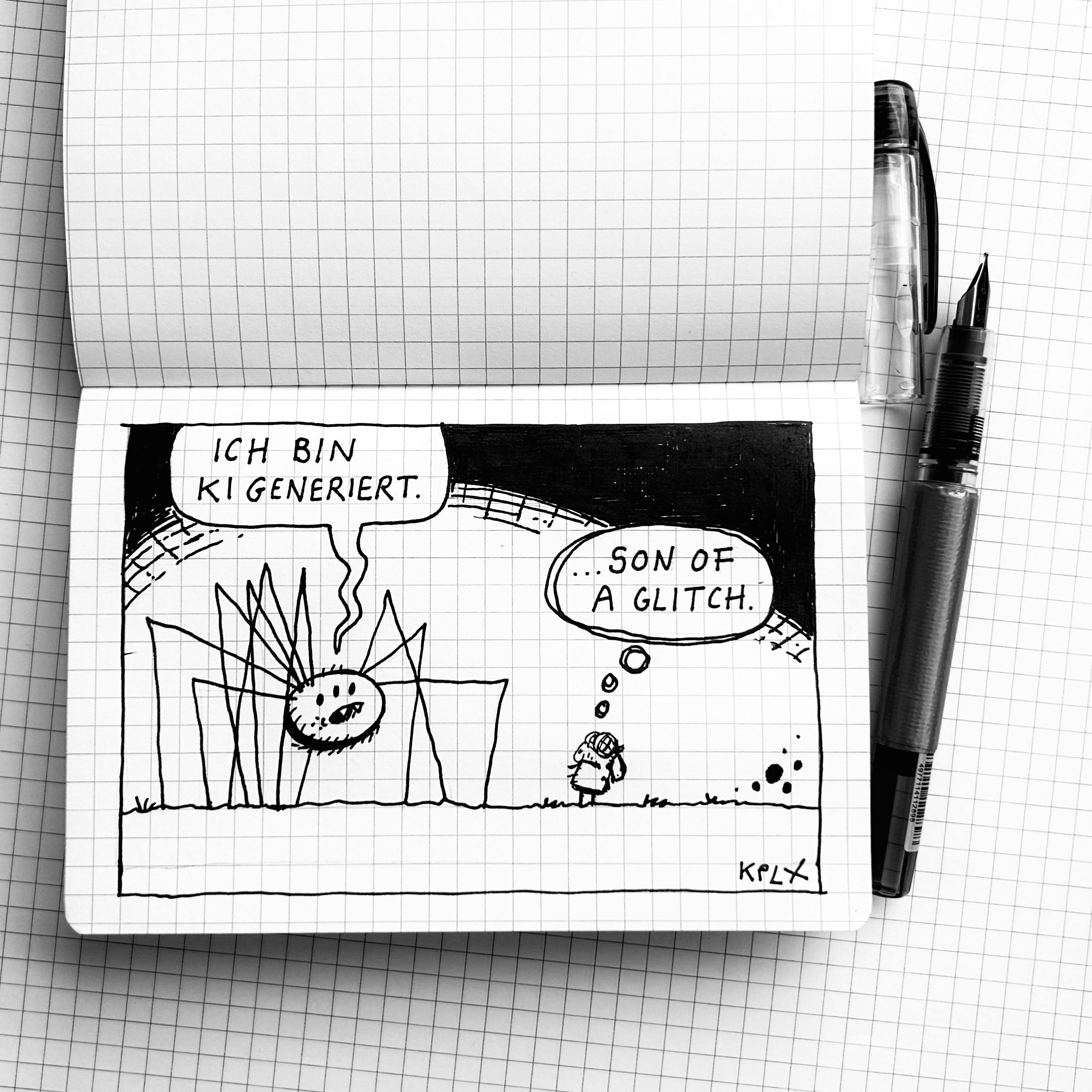 Comic in Schwarz-Weiß auf kariertem Papier: Links eine groteske Spinne mit 10 merkwürdig angeordneten Beinen mit den Worten: „Ich bin KI generiert.“ Rechts steht eine kleine Fliege mit dem Gedanken „…Son of a glitch.“