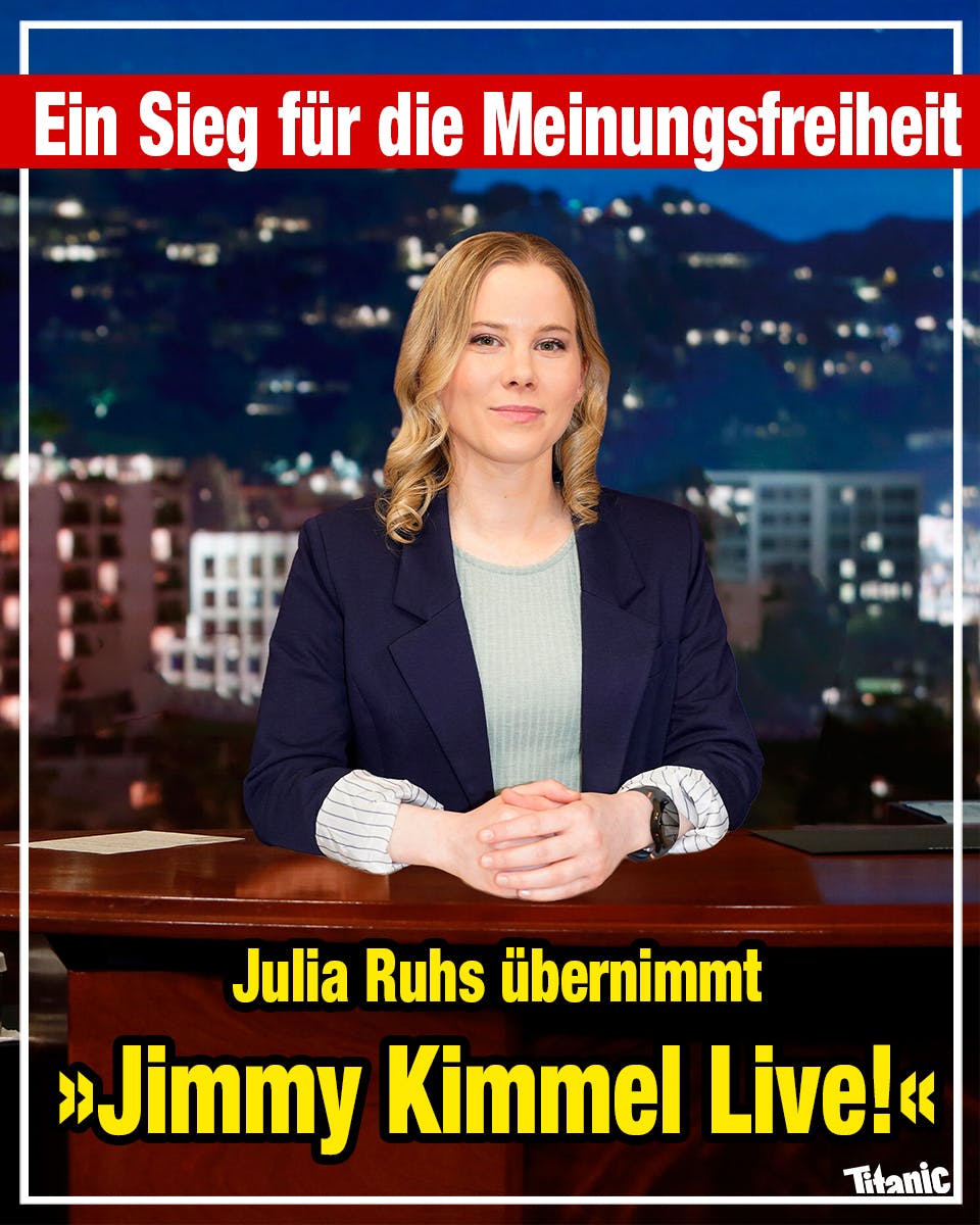 Julia Ruhs sitzt an einem Schreibtisch vor der Kulisse einer Late-Night-Show, dazu der Text: "Ein Sieg für die Meinungsfreiheit: Julia Ruhs übernimmt: 'Jimmy Kimmel live!'"