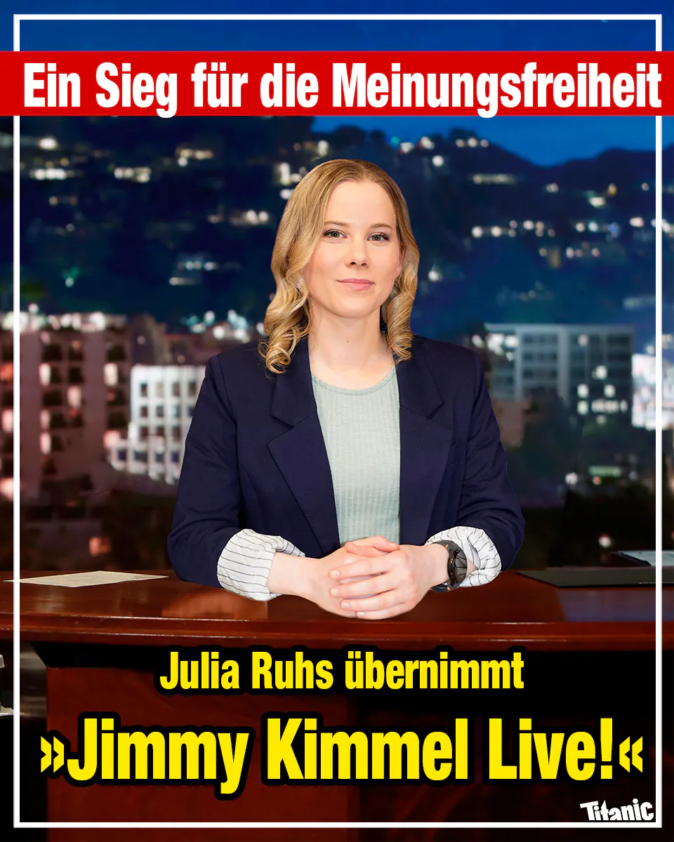 Julia Ruhs sitzt an einem Schreibtisch vor der Kulisse einer Late-Night-Show, dazu der Text: "Ein Sieg für die Meinungsfreiheit: Julia Ruhs übernimmt: 'Jimmy Kimmel live!'"
