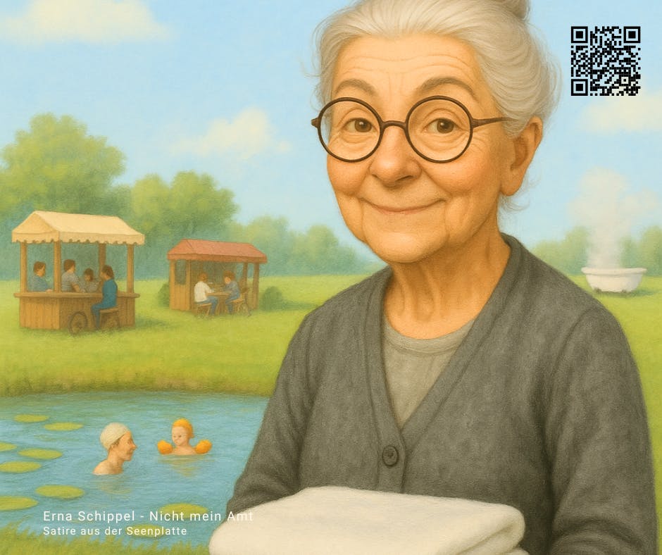 Pastellfarbene Illustration: Ältere Frau mit rundem Brillengestell hält weiße Handtücher am kleinen Teich; im Hintergrund baden zwei Personen; daneben Café- und Imbissstände sowie eine dampfende Badewanne; rechts oben ein QR-Code.