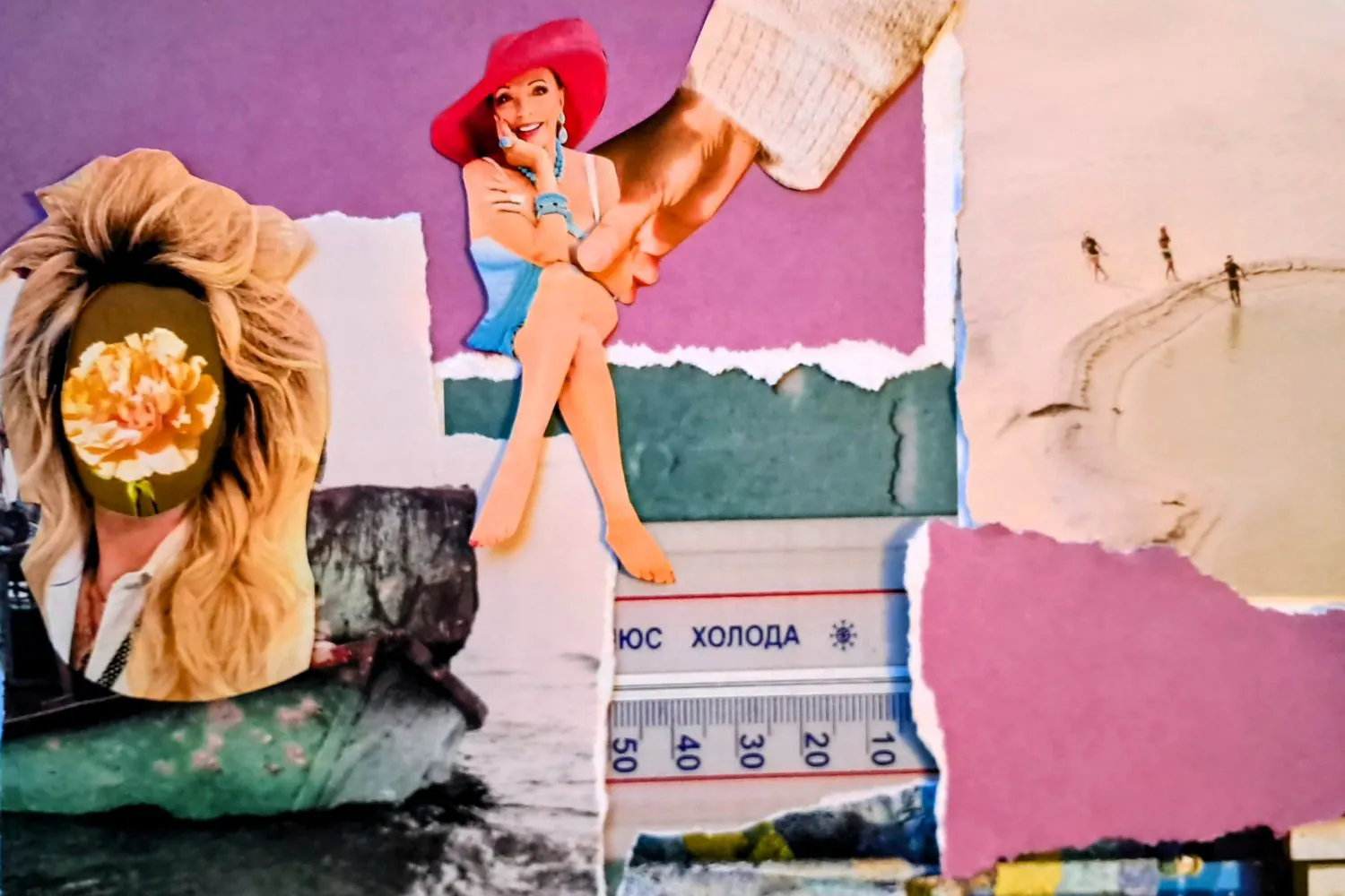 Eine Collage aus bunten Papieren, eine Frau wird von einer großen Hand ins Bild gesetzt, links im Bild eine blonde Frisuer, statt eines Gesichts eine Blume.