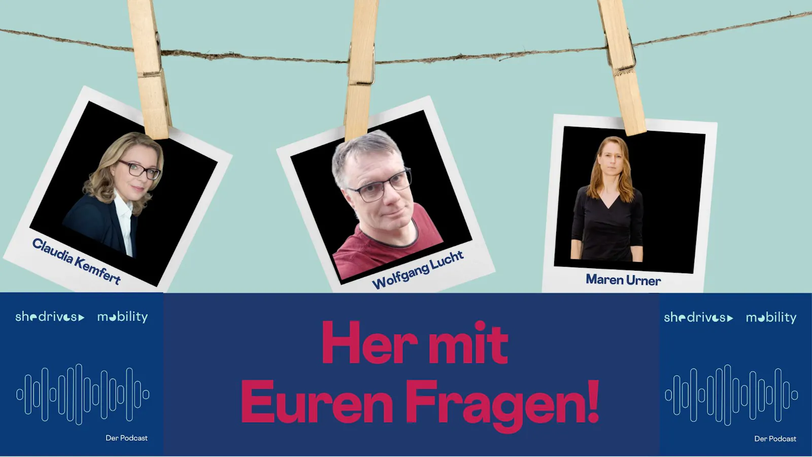 Sharepic mit drei Personen, deren Porträts wie Polaroids an einer Leine hängen.