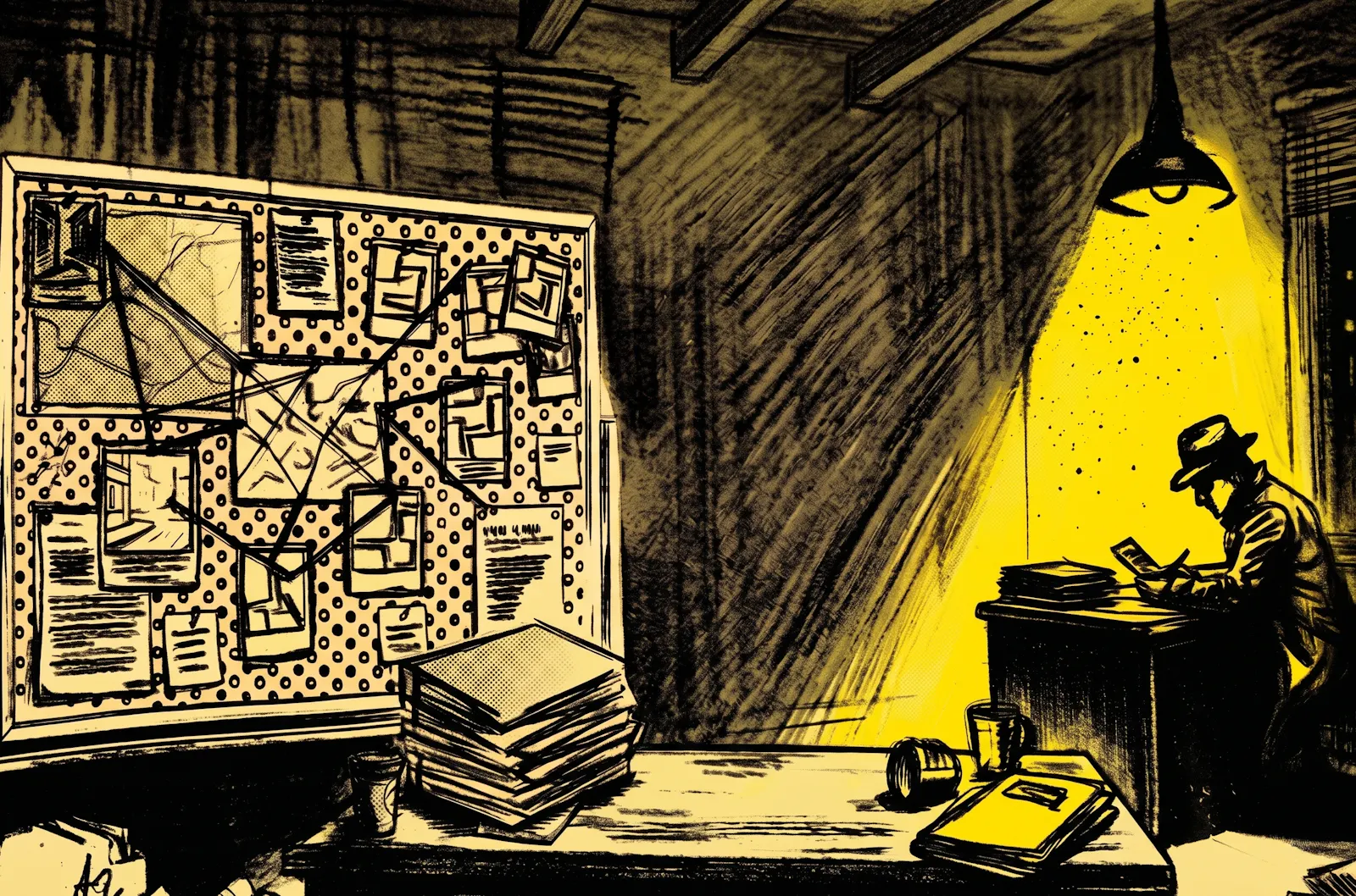 Illustrazione noir monocromatica gialla e nera di un detective solitario seduto a una scrivania sotto la luce di una lampada, con una grande lavagna indiziaria sulla sinistra.