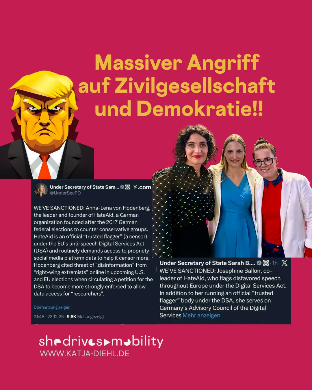 Rotes Sharepic mit einem Comic-Trump und einem Selfie von drei Frauen. Darüber in gelb: Massiver Angriff auf Zivilgesellschaft und Demokratie!