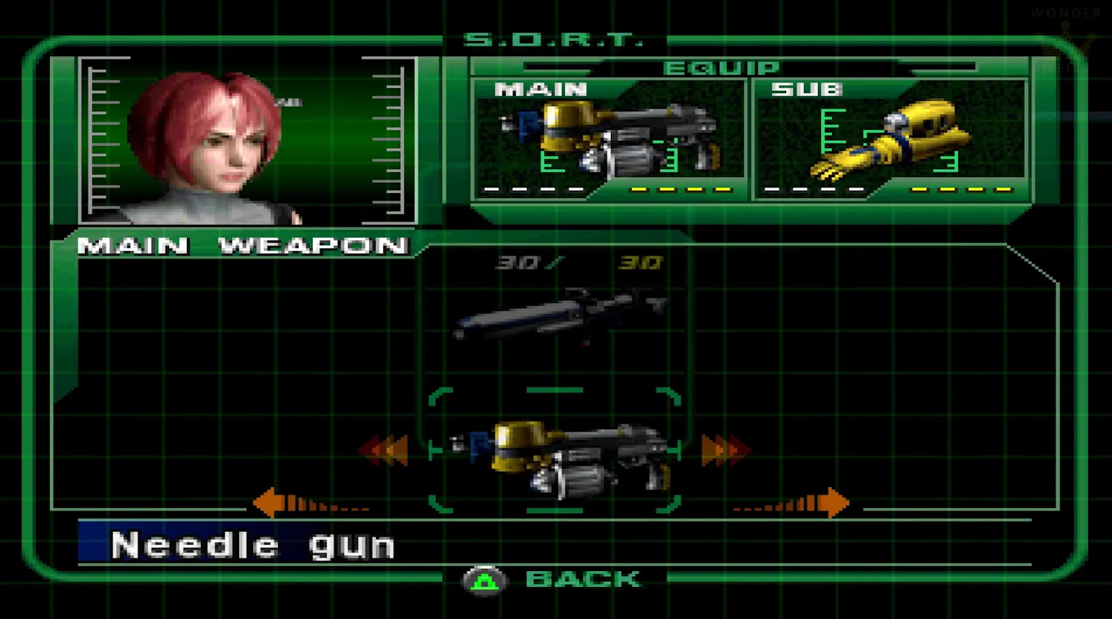 Screenshot aus Dino Crisis 2. Er zeigt das Inventar, in dem gerade die Nagelpistole ausgewählt wird.
