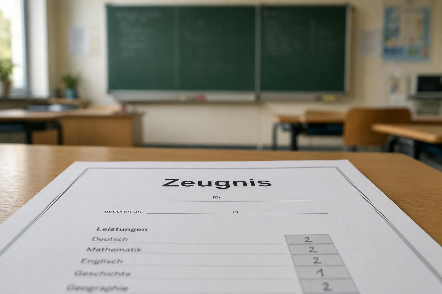 Ein Zeugnis auf einem Tisch in einem Klassenraum.