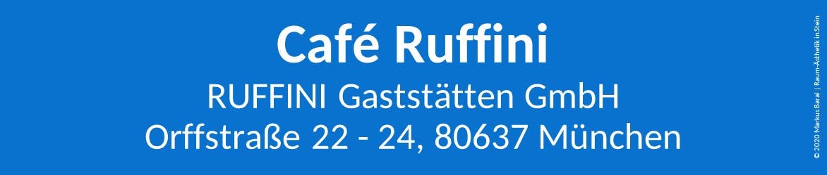 Textfeld, blau hinterlegt: Café Ruffini, RUFFINI Gaststätten GmbH, München