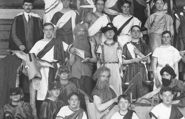 G.B. Smith in ass outfit with the cast of Aristophanes' The Frogs at King Edward's School, Birmingham, 1913