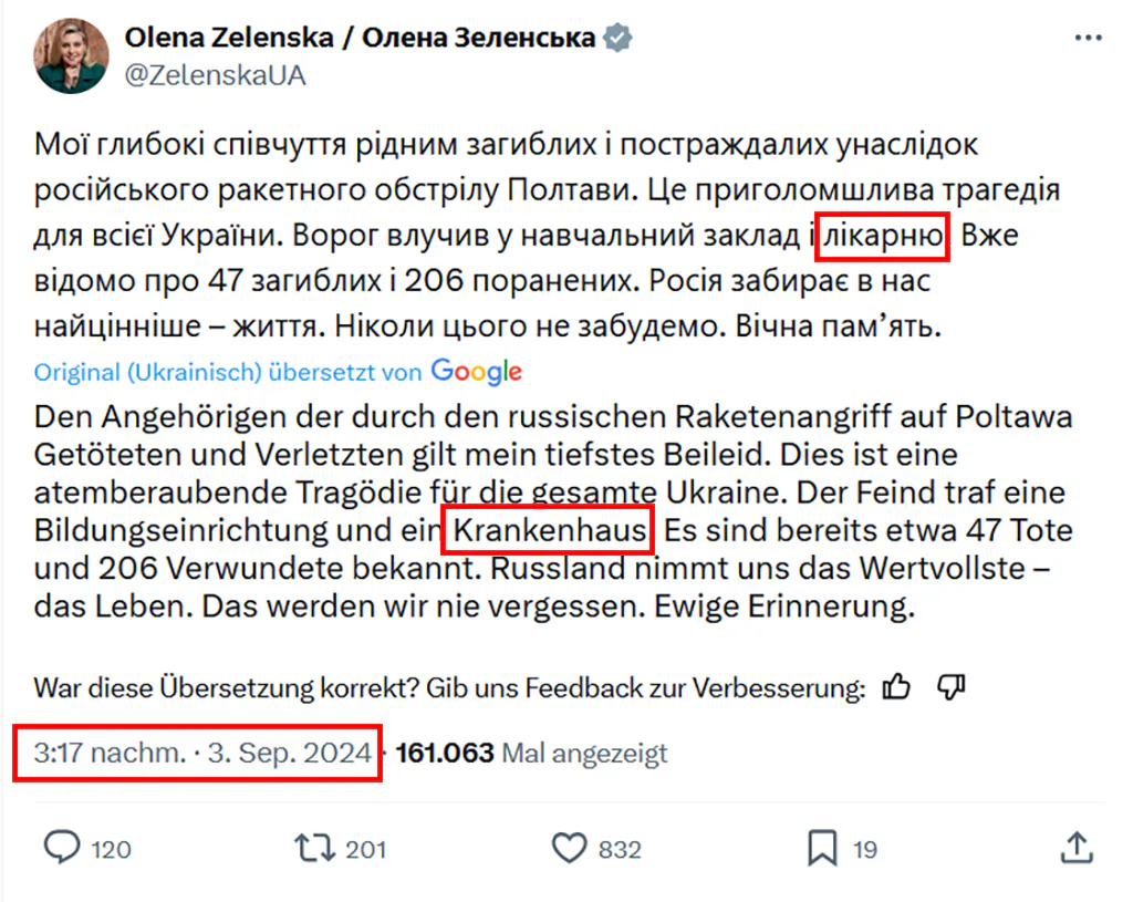 Screenshot des Postings von Selenska mit Zeitstempel