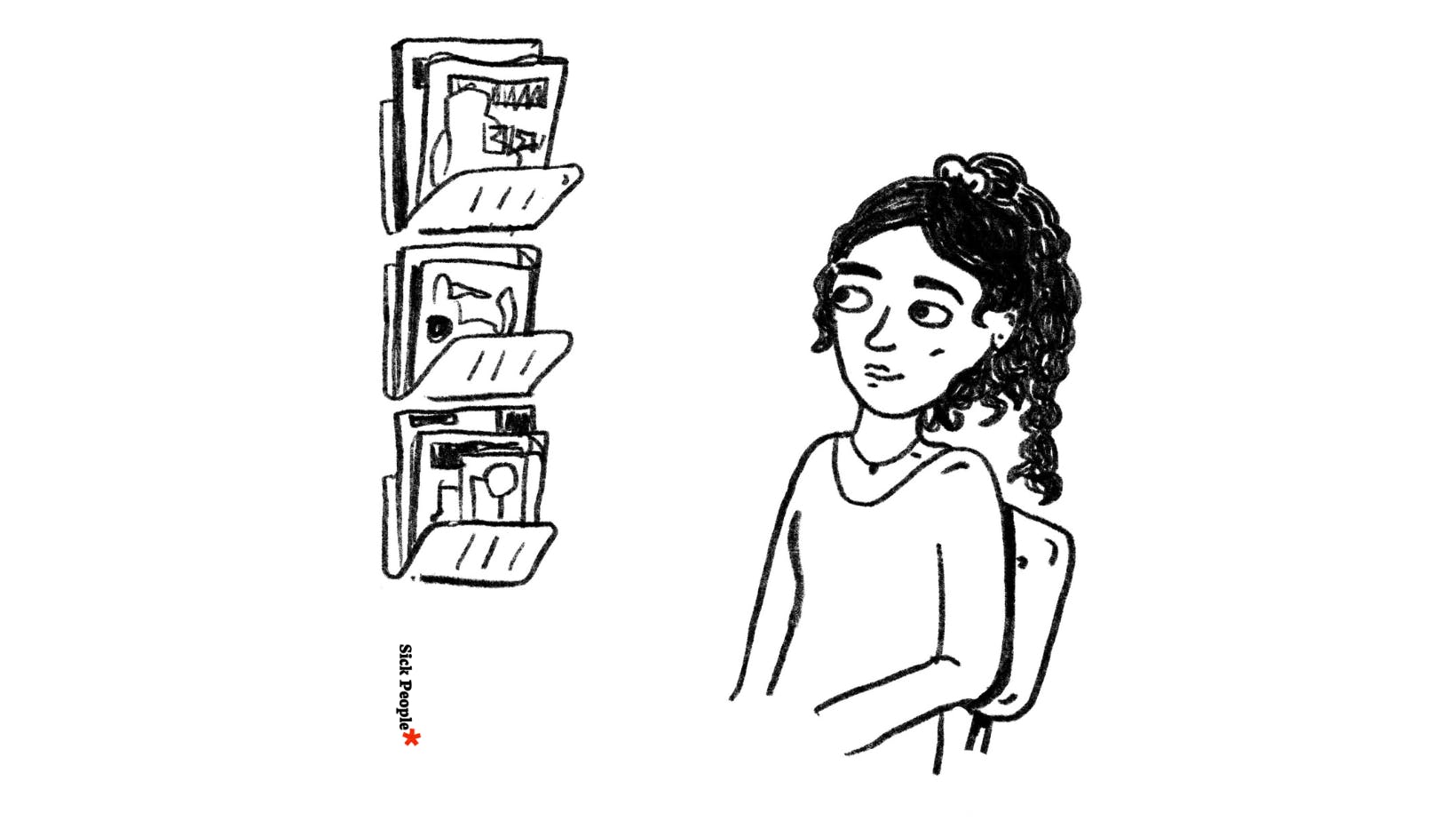 Illustration einer Personmit schwarzen Locken und hohem Pferdeschwanz, sie schaut auf einen dreifächriges Zeitungsregal.