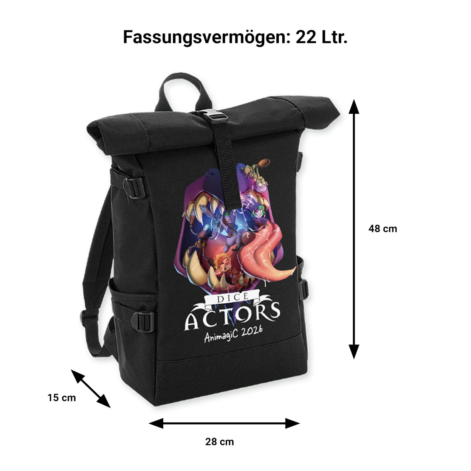 Fassungsvermögen: 22 Ltr. Ein Bild des Rucksacks mit dem neuen Motiv und seinen Maßen. Er ist 15 cm tief, 26 cm breit und 48 cm hoch.