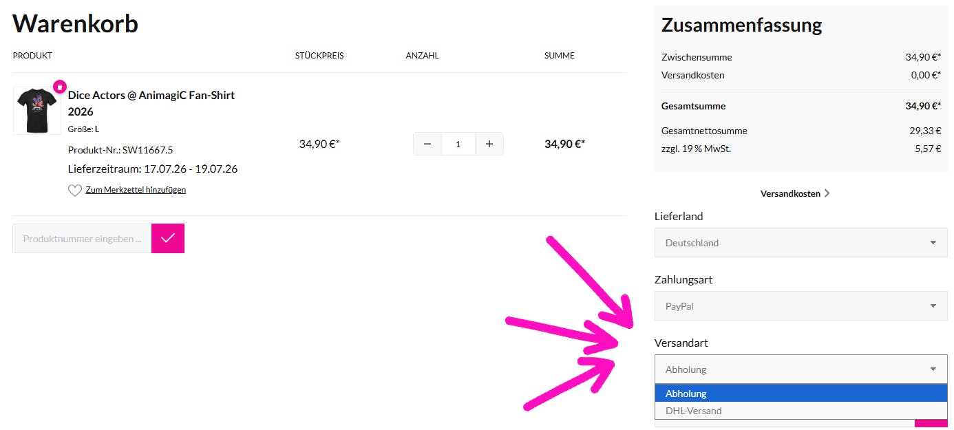 Eine Übersicht eines Beispielwarenkorbs: Das Bild zeit die Zusammenfassung der Bestellung und ganzen unten die Möglichkeit eine andere Versandart zu wählen. Man hat die Wahl zwischen "Abholung" und "DHL Versand".
